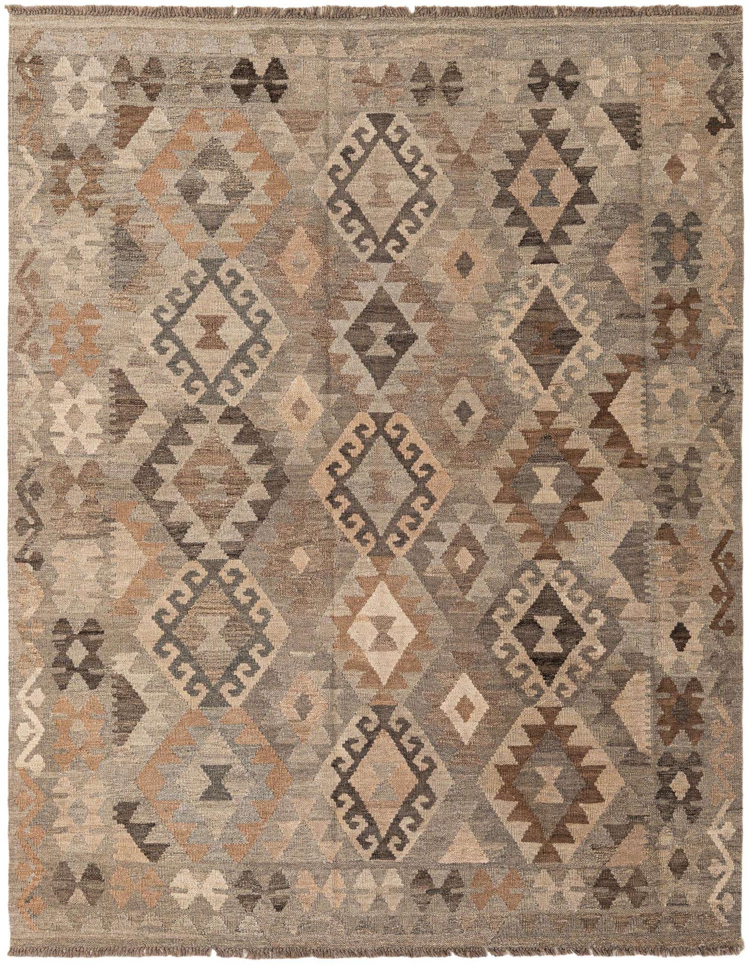 A 6x9 rectangular Kilim Maymana rug featuring a tribal geometric pattern in shades of gray, silver, and brown, suitable for a living room.