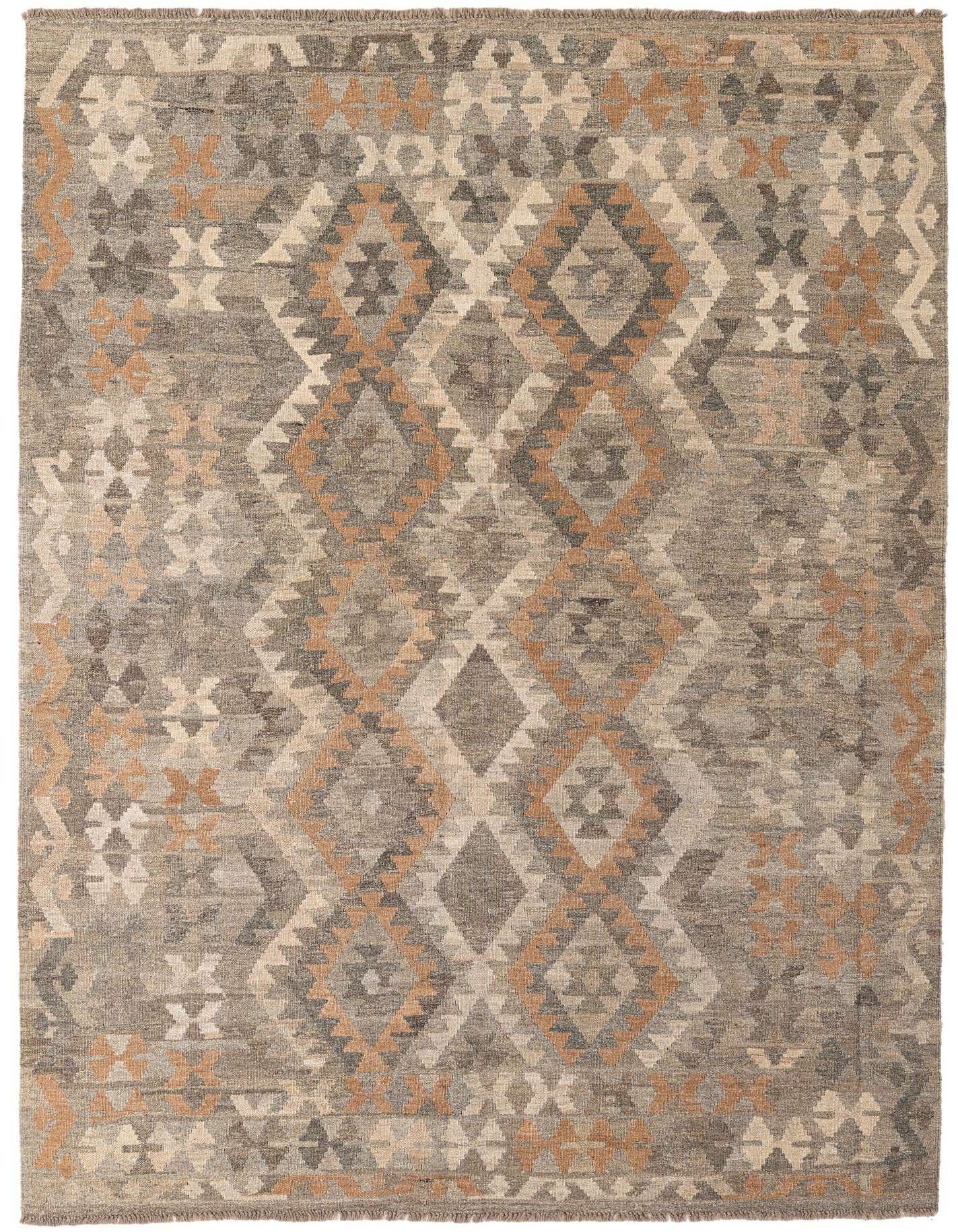 A 6x9 rectangular flatweave Kilim Maymana rug featuring a tribal geometric pattern in shades of gray, silver, and subtle tan.