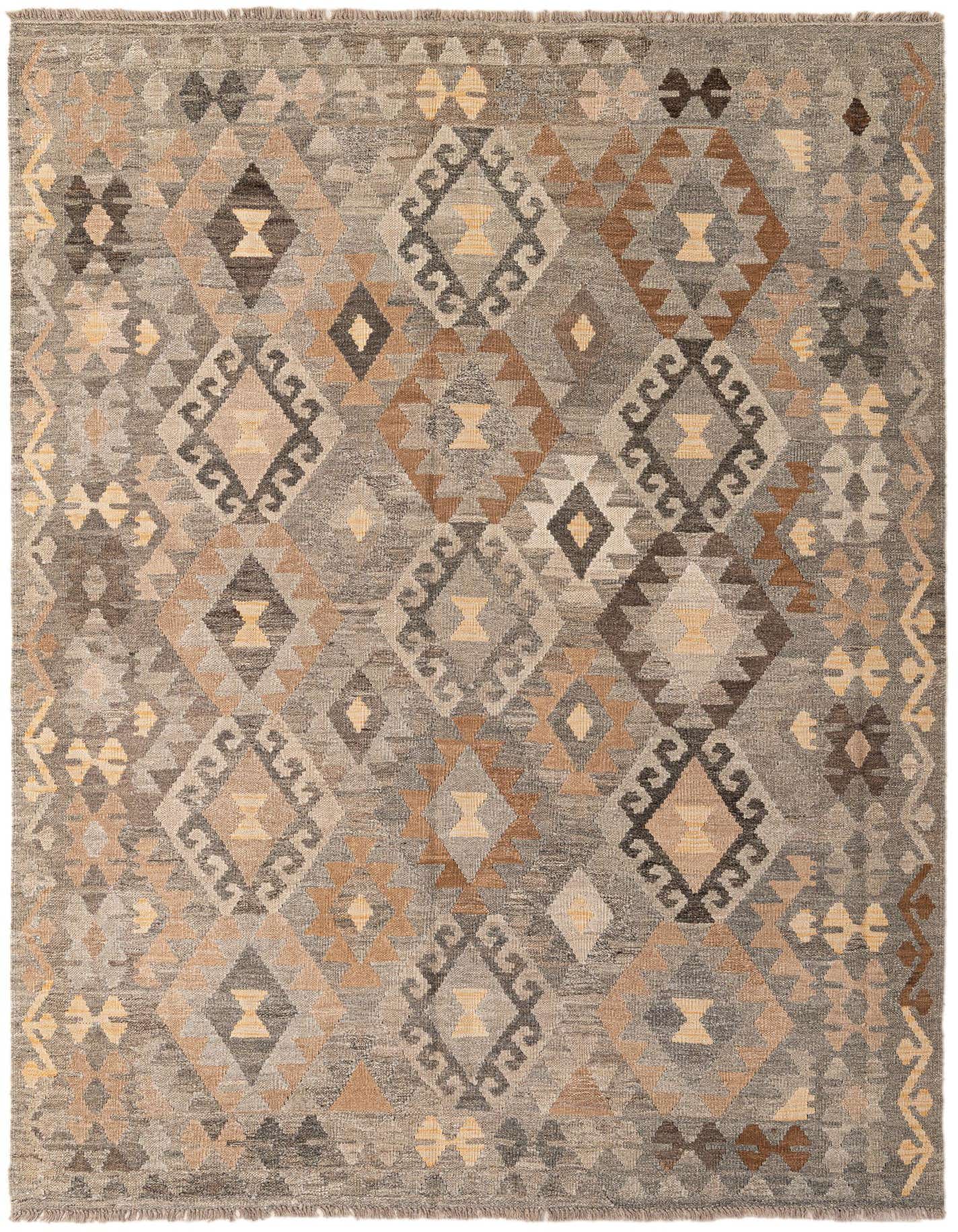 A 6x9 rectangular Kilim Maymana wool rug featuring an intricate tribal geometric pattern in various shades of gray, silver, and warm brown.