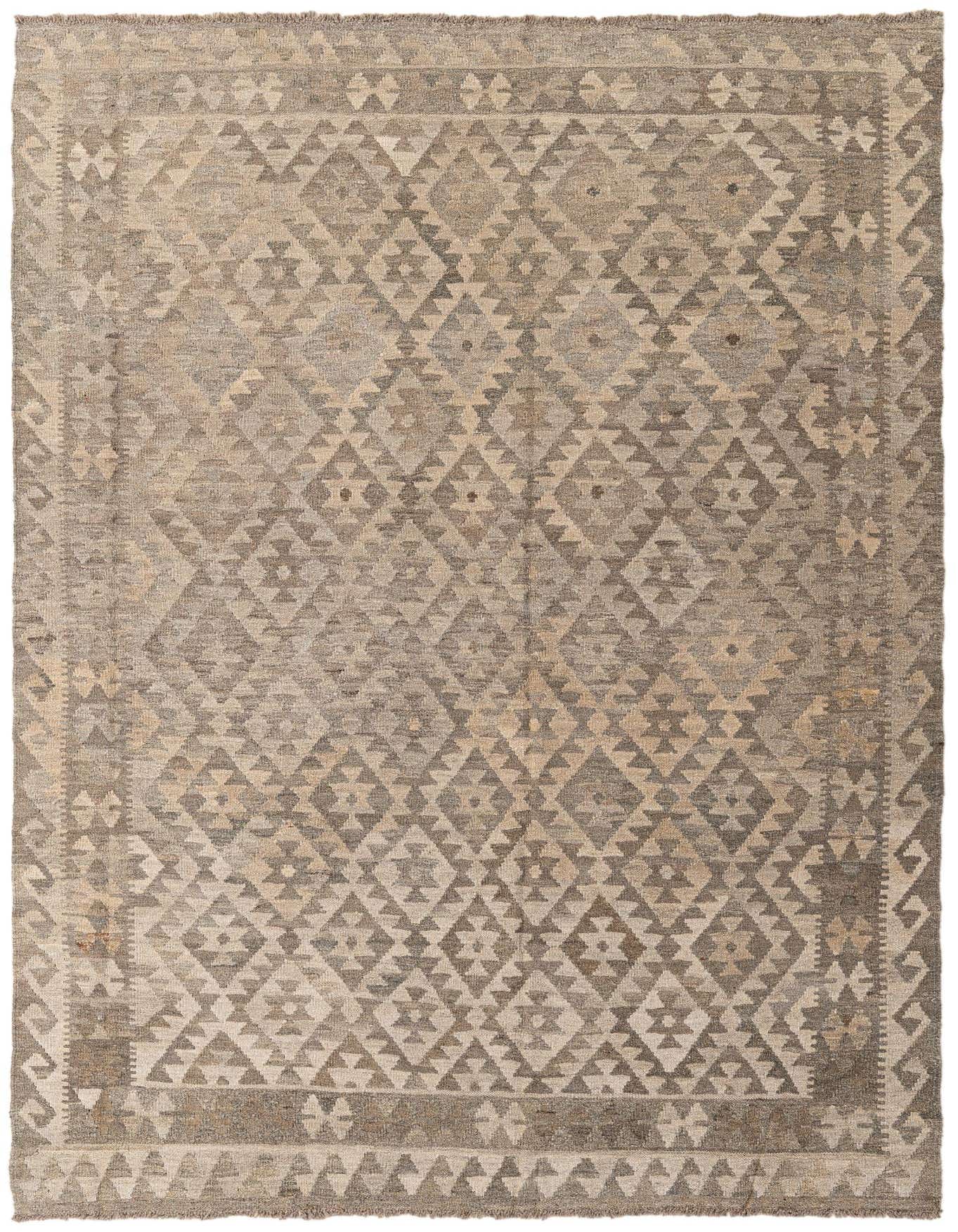 A 6x9 rectangular Kilim Maymana rug featuring a tribal geometric pattern in varying shades of gray and silver.