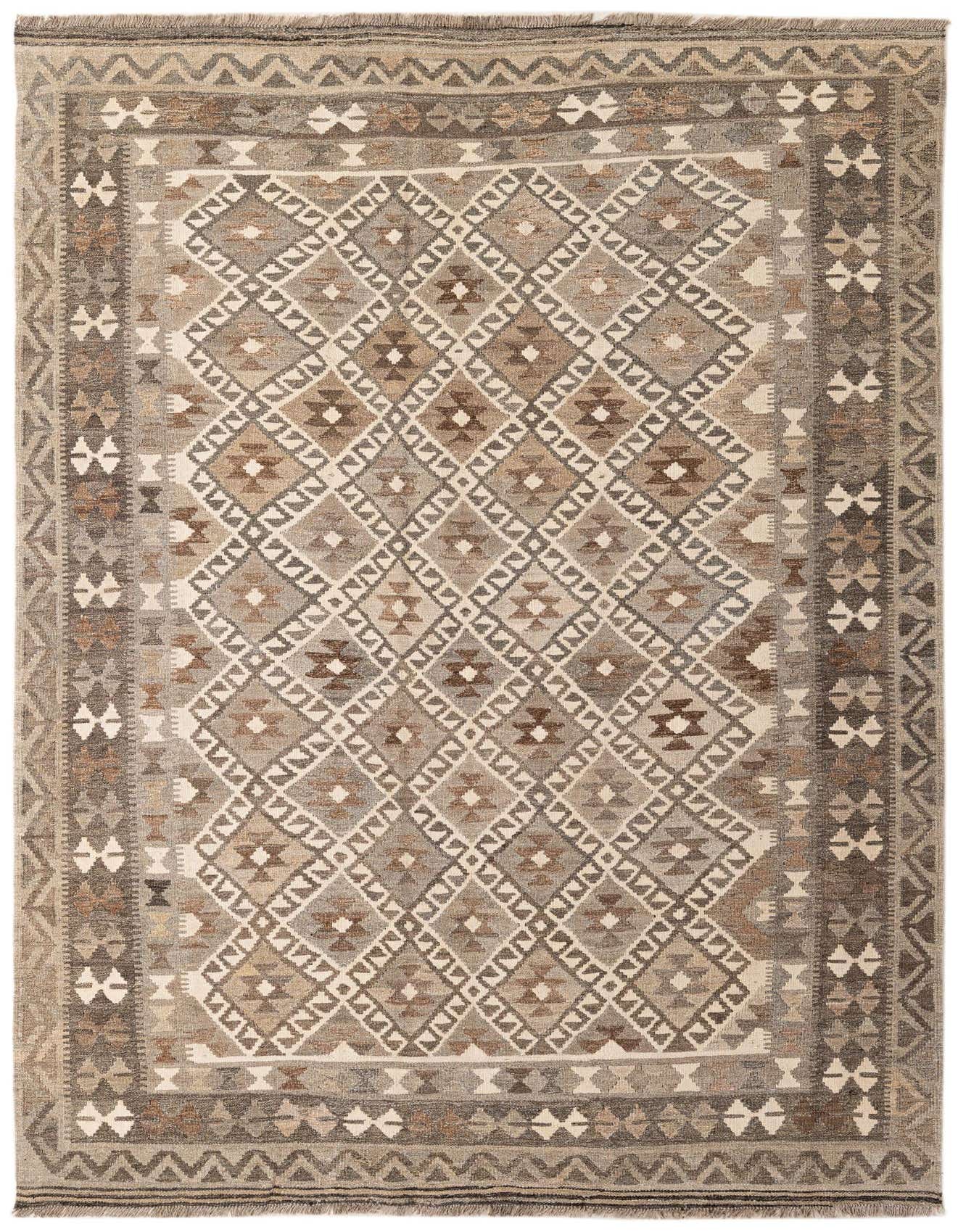 A 6x9 rectangular Kilim Maymana rug with a tribal geometric pattern in shades of gray, silver, and brown, featuring a flatweave texture.