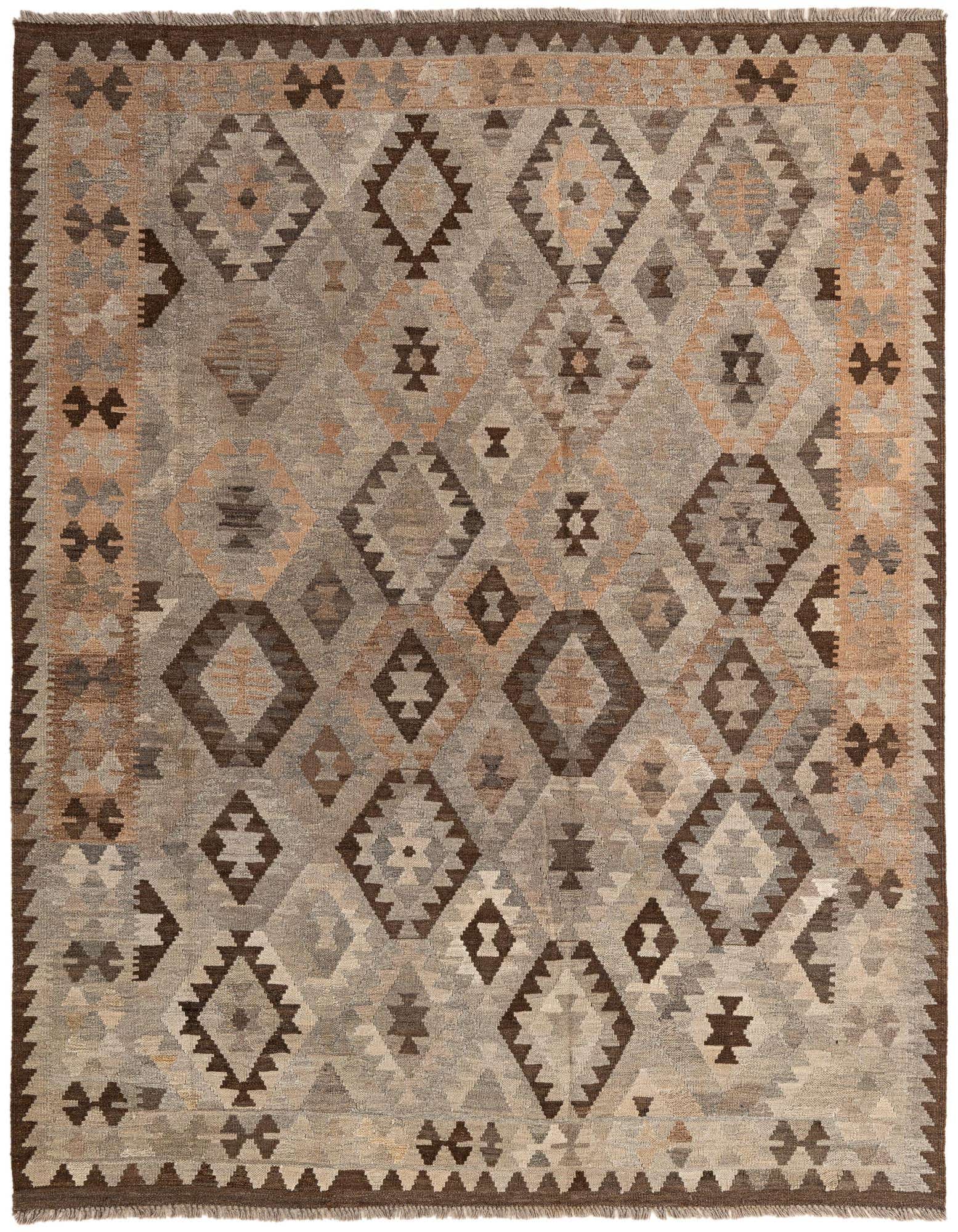 A 6x9 rectangular gray tribal flatweave wool rug with a repeating diamond pattern in varying shades of gray, brown, and subtle peach tones.