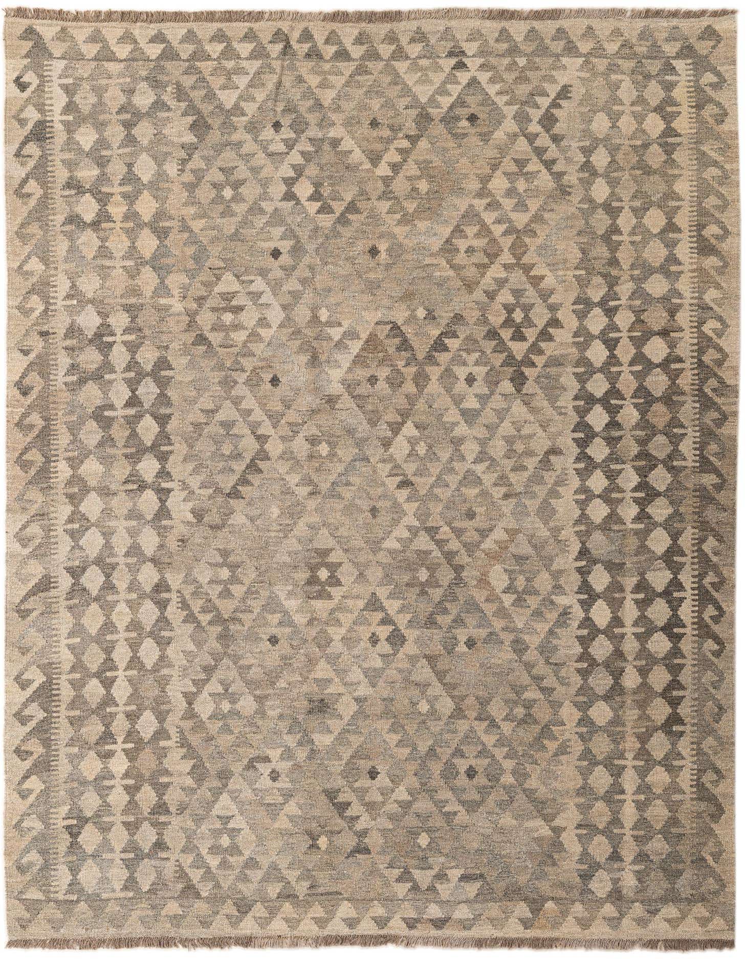 A 6x9 rectangular Kilim Maymana wool rug featuring a tribal geometric pattern in various shades of gray and silver.
