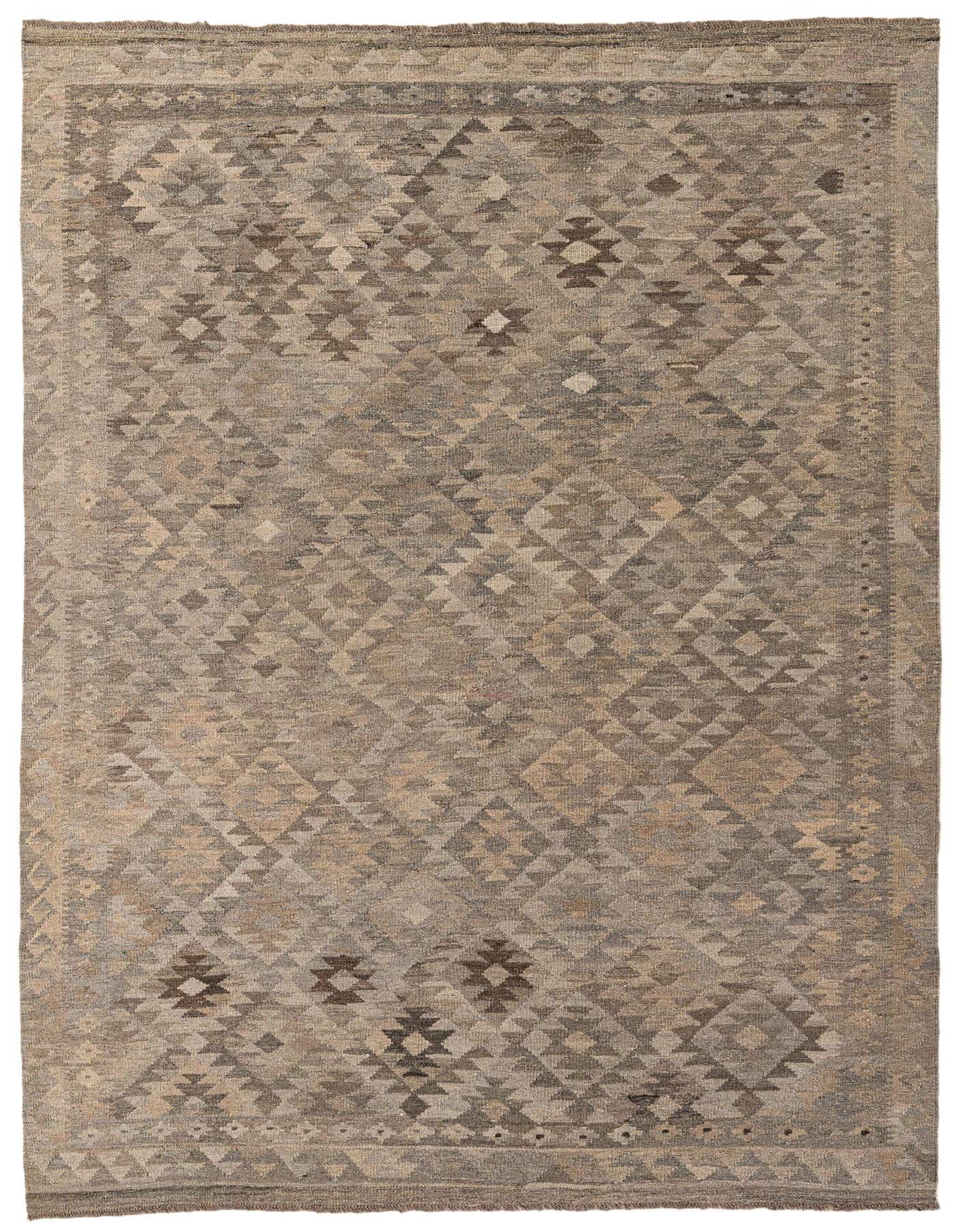 A 6x9 rectangular gray tribal flatweave wool rug featuring a geometric diamond pattern and a subtle border.