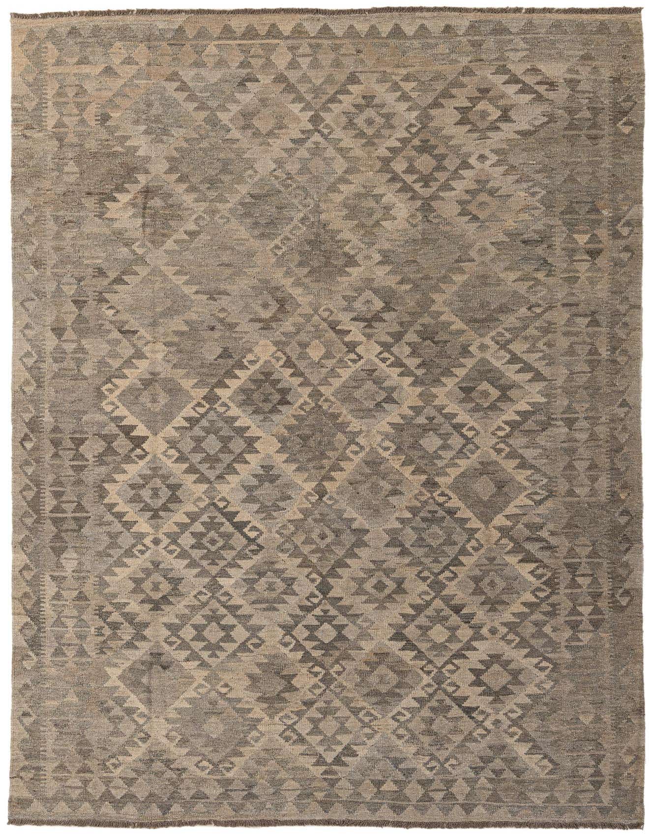 A 6x9 rectangular Kilim Maymana rug featuring a tribal geometric pattern in varying shades of gray and silver.