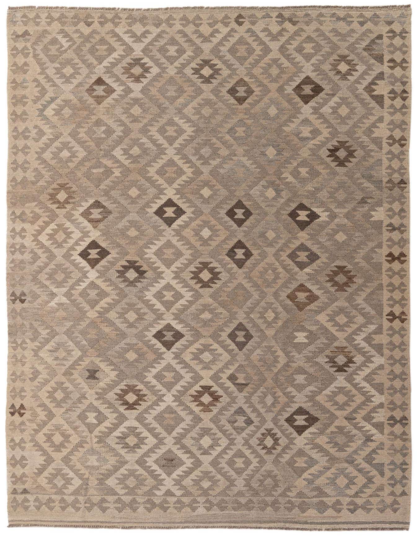 A 6x9 rectangular Kilim Maymana rug featuring a tribal geometric pattern in varying shades of gray and silver.