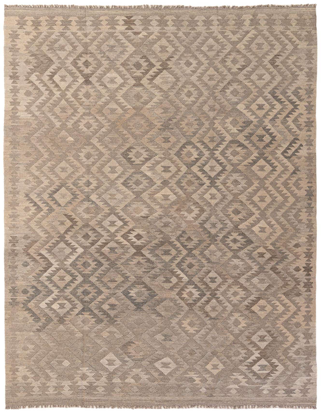 A 6x9 rectangular Rugs.com Kilim Maymana rug featuring a tribal geometric diamond pattern in shades of gray and silver.