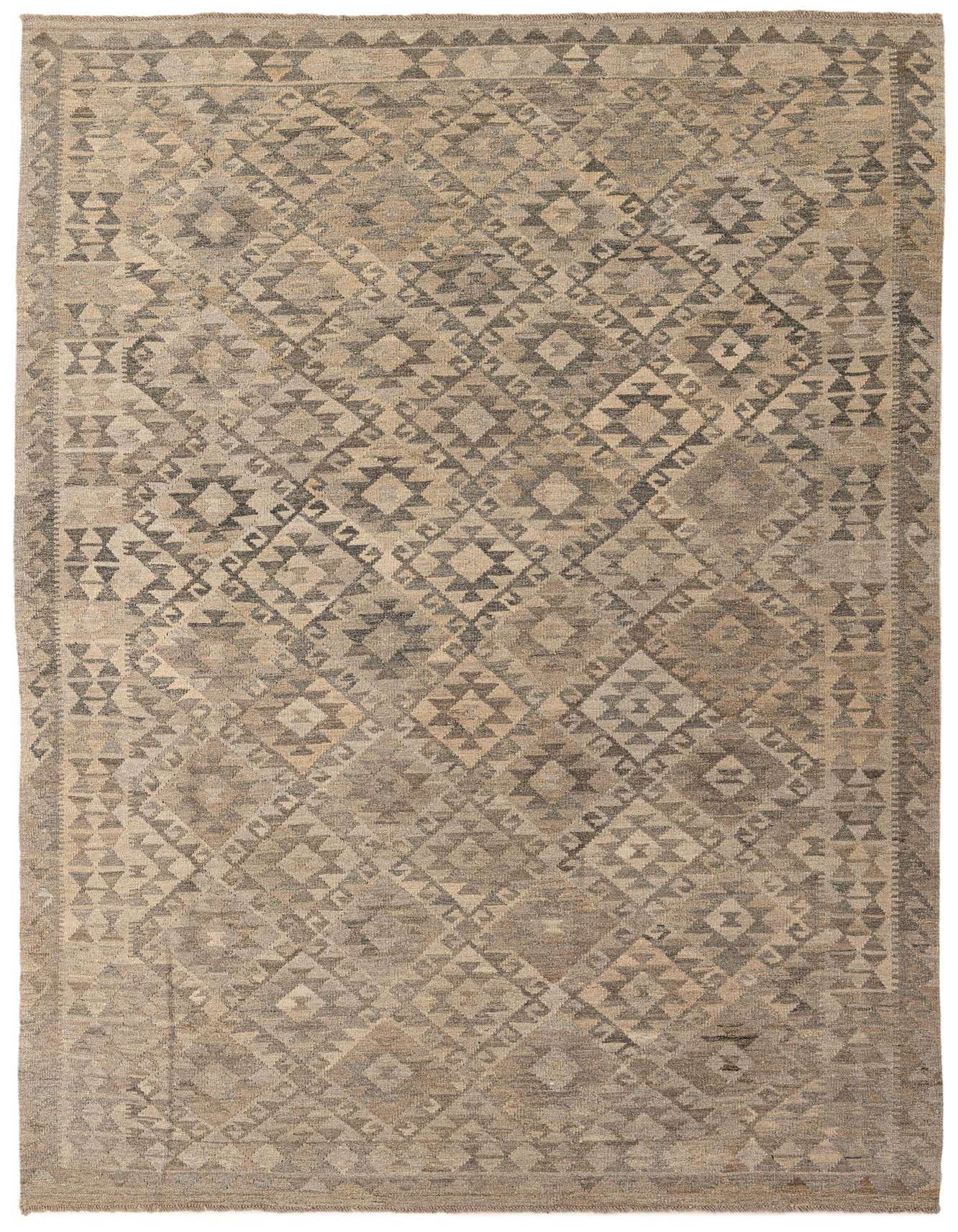 A 6x9 rectangular Kilim Maymana rug featuring a tribal geometric pattern in varying shades of gray and silver.