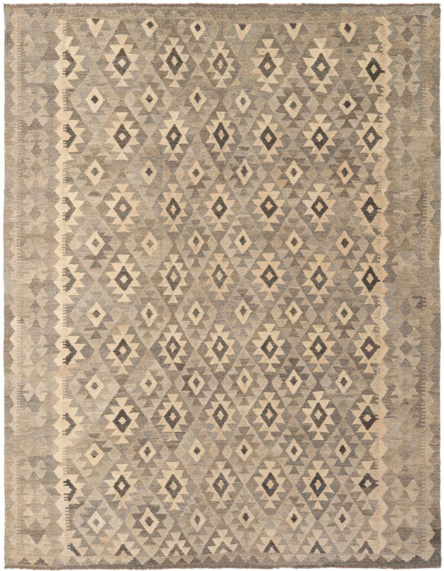 A 7x10 rectangular Kilim Maymana rug featuring a tribal geometric pattern in shades of gray and silver.