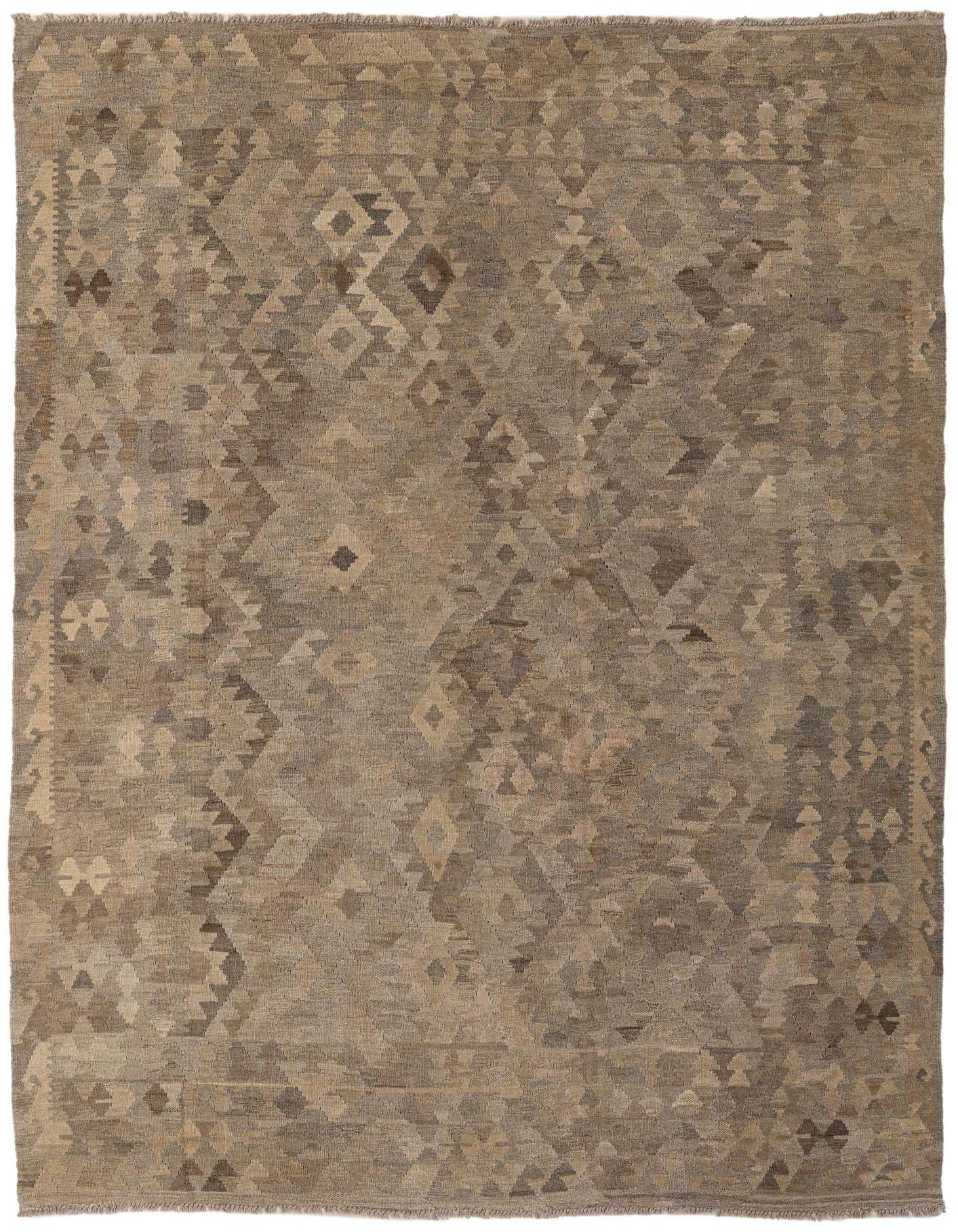 A 6x9 rectangular Kilim Maymana rug featuring a tribal geometric pattern in varying shades of gray and silver.