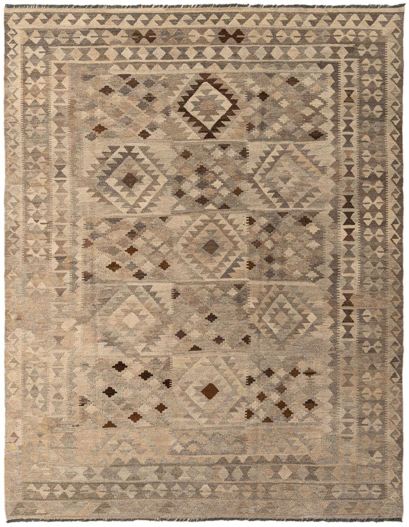 A 6x9 rectangular Kilim Maymana rug featuring tribal geometric patterns in shades of gray, silver, and brown.