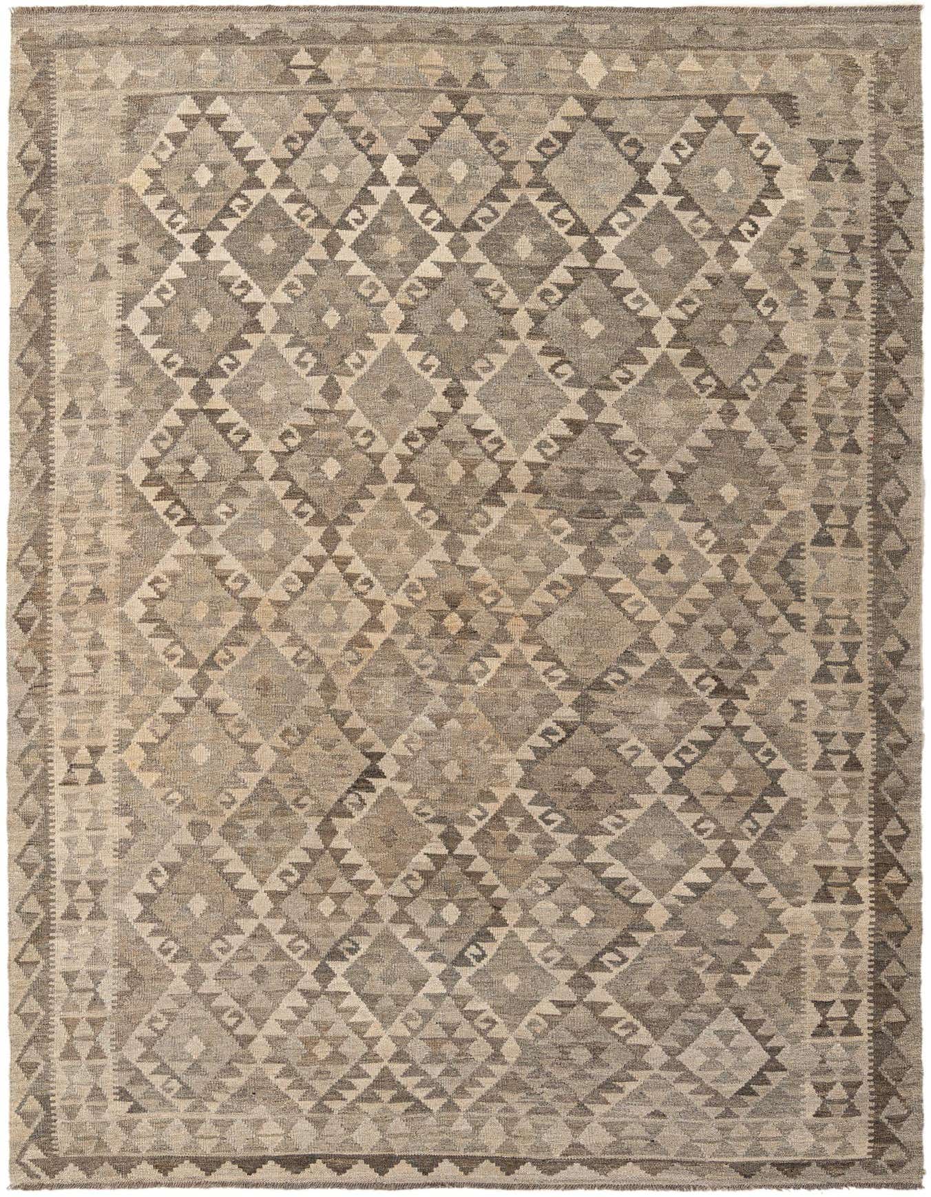A 7x10 rectangular Kilim Maymana rug featuring a tribal geometric diamond pattern in varying shades of gray, ideal for a living room.