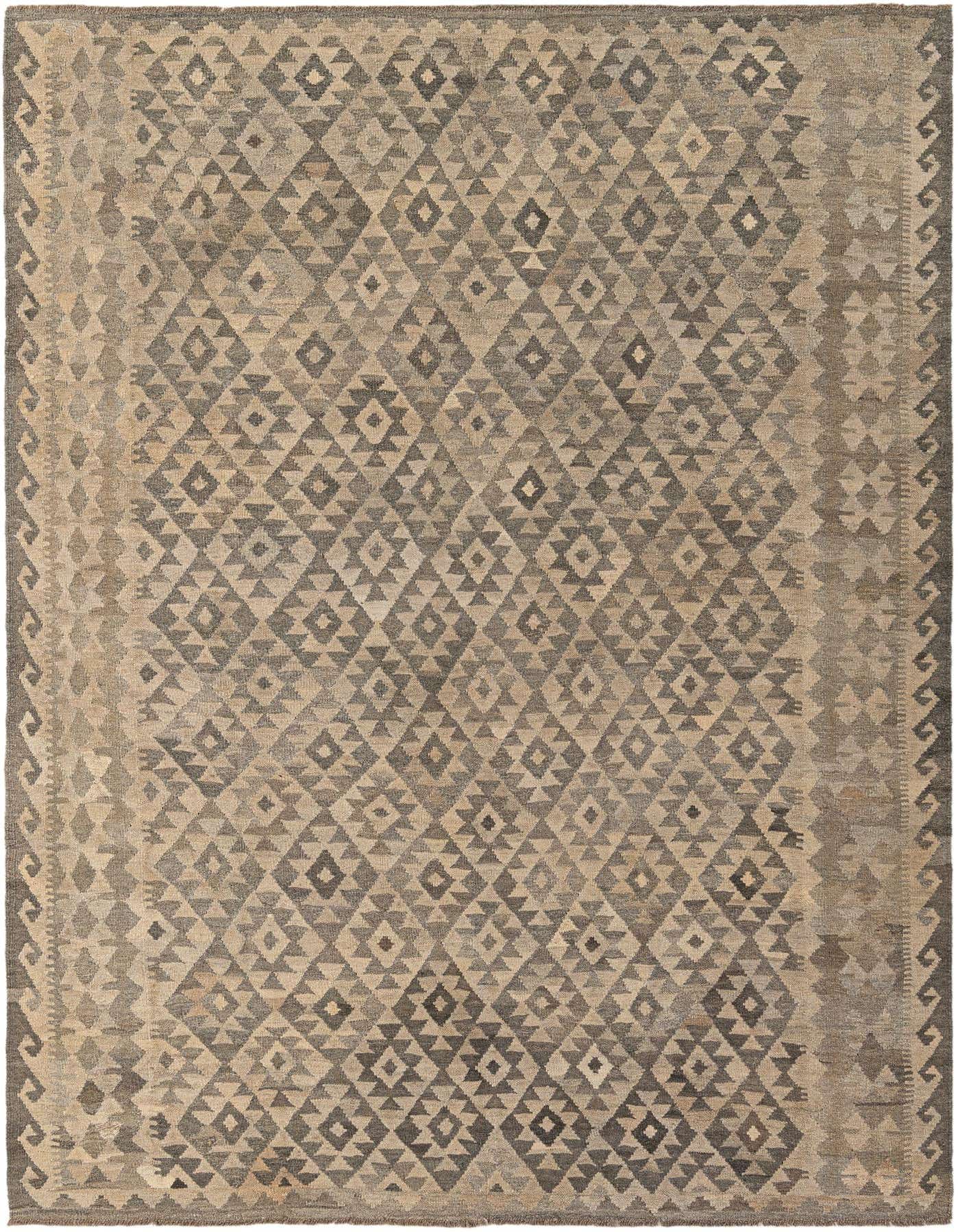 A 6x9 rectangular Kilim Maymana wool rug featuring a tribal geometric diamond pattern in shades of gray and silver.