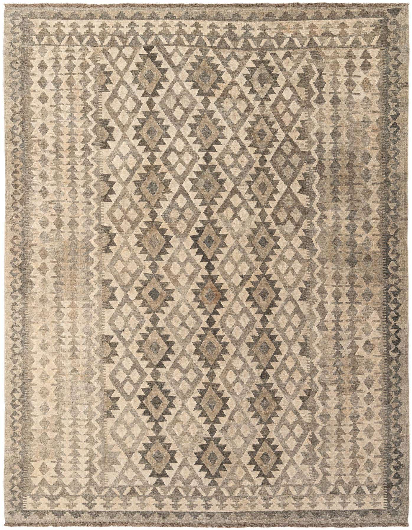 A 7x10 rectangular flatweave rug featuring a tribal diamond pattern in various shades of gray and silver.