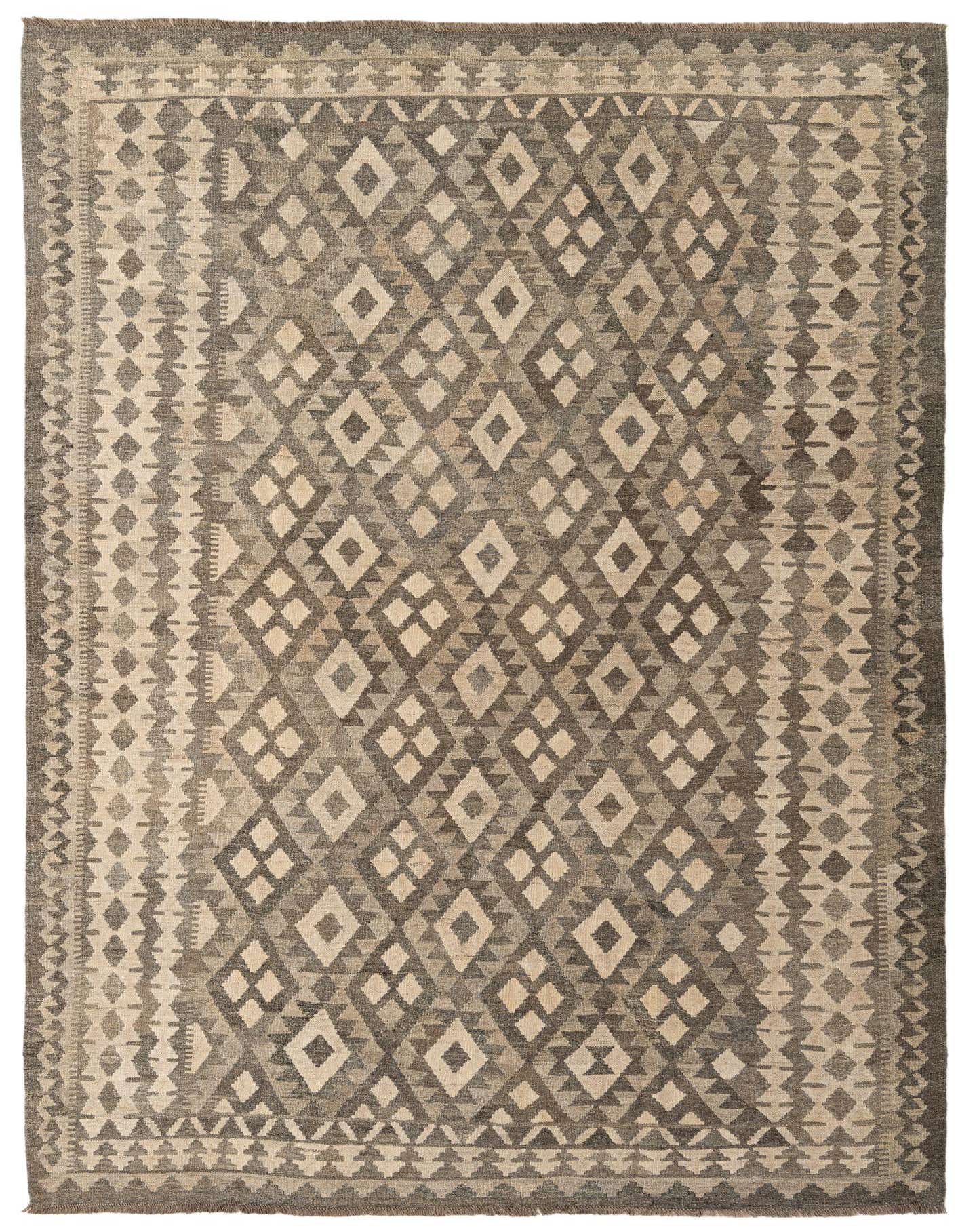 A 6x9 rectangular gray tribal flatweave wool rug with a modern diamond pattern and a decorative border.
