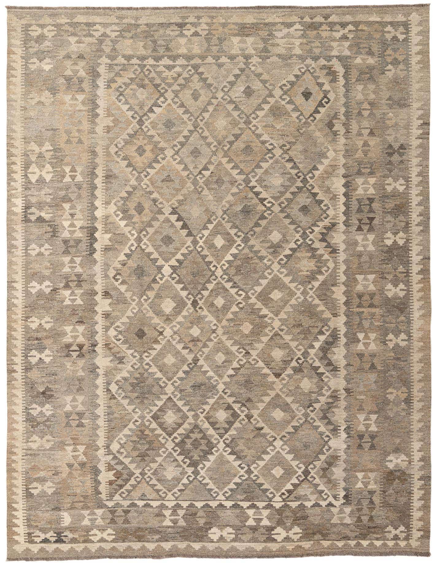 A 6x9 rectangular Kilim Maymana rug featuring a tribal diamond pattern in various shades of gray and silver.