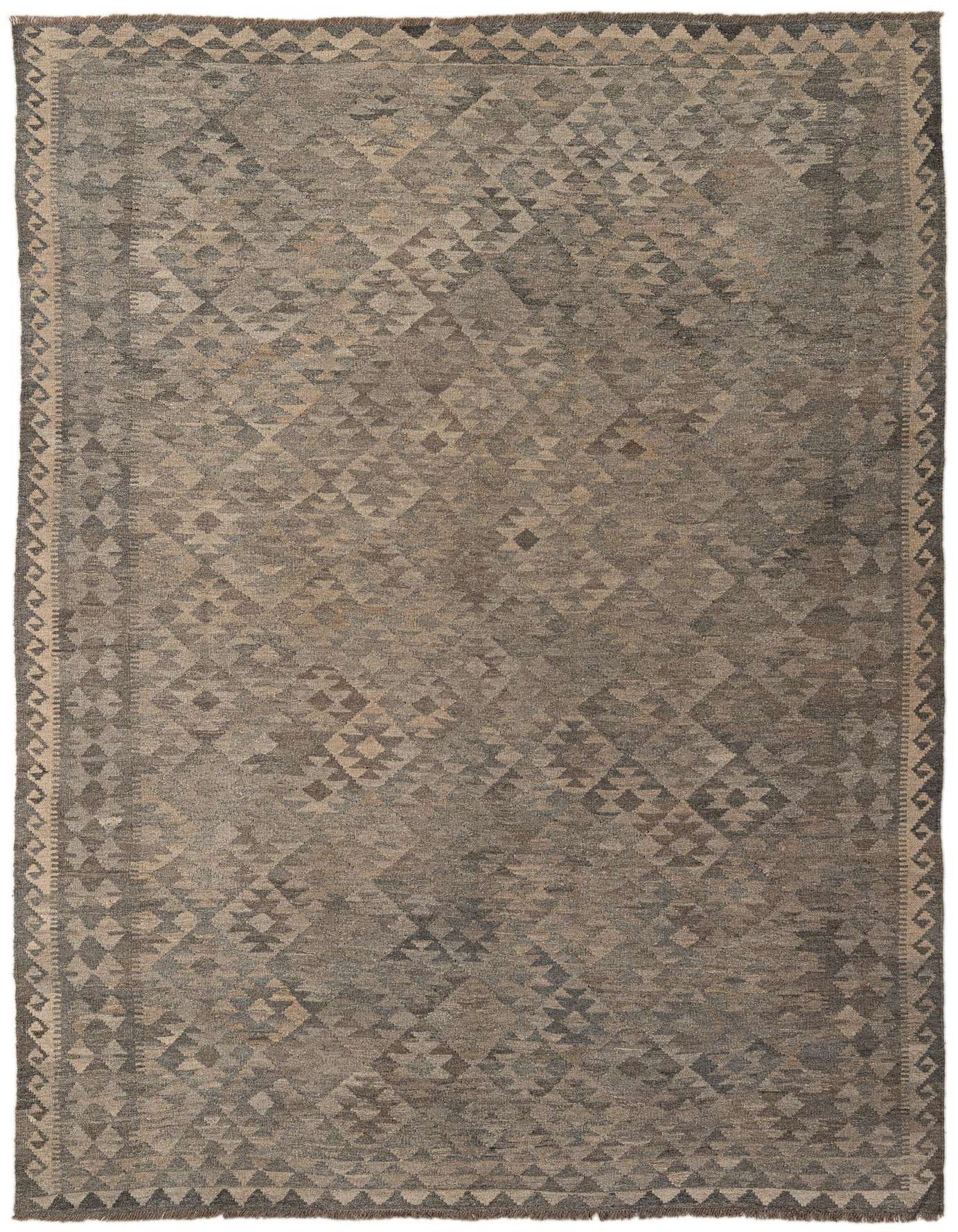 A 7x10 rectangular gray flatweave wool rug with a tribal geometric pattern and light border.