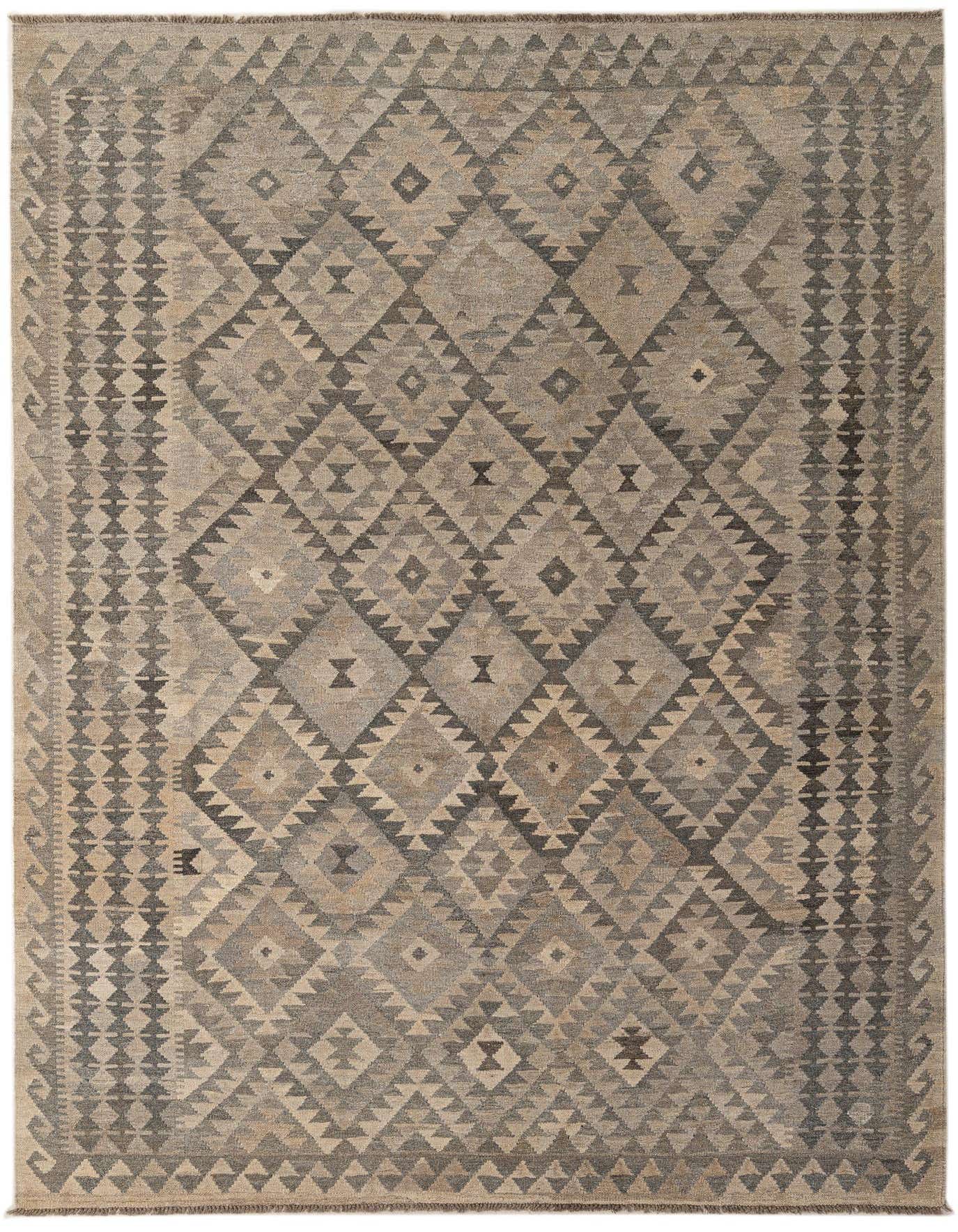 A 6x9 rectangular Kilim Maymana rug featuring a tribal geometric pattern in varying shades of gray and silver.
