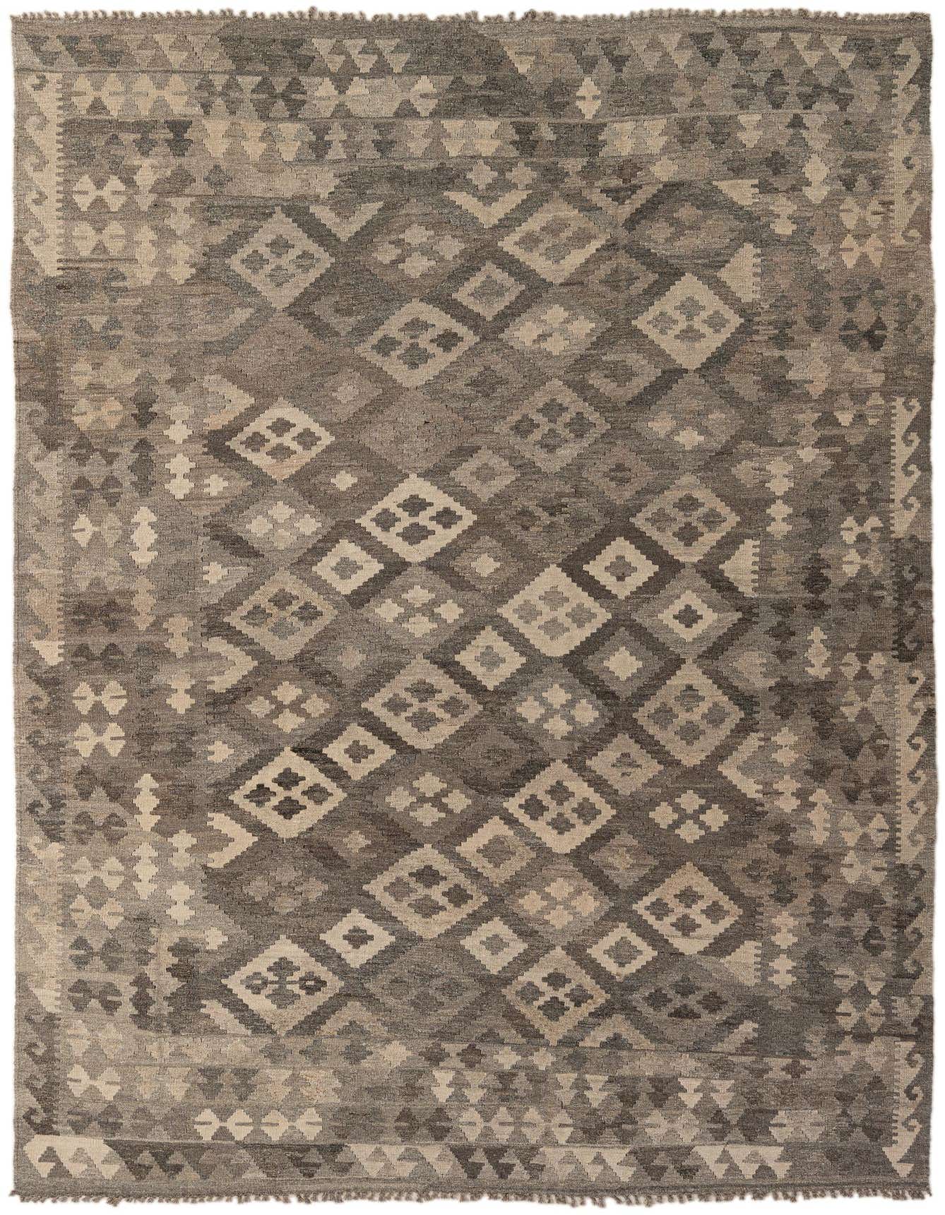 A 7x10 rectangular flatweave Kilim Maymana rug in shades of gray and silver with a tribal diamond pattern.