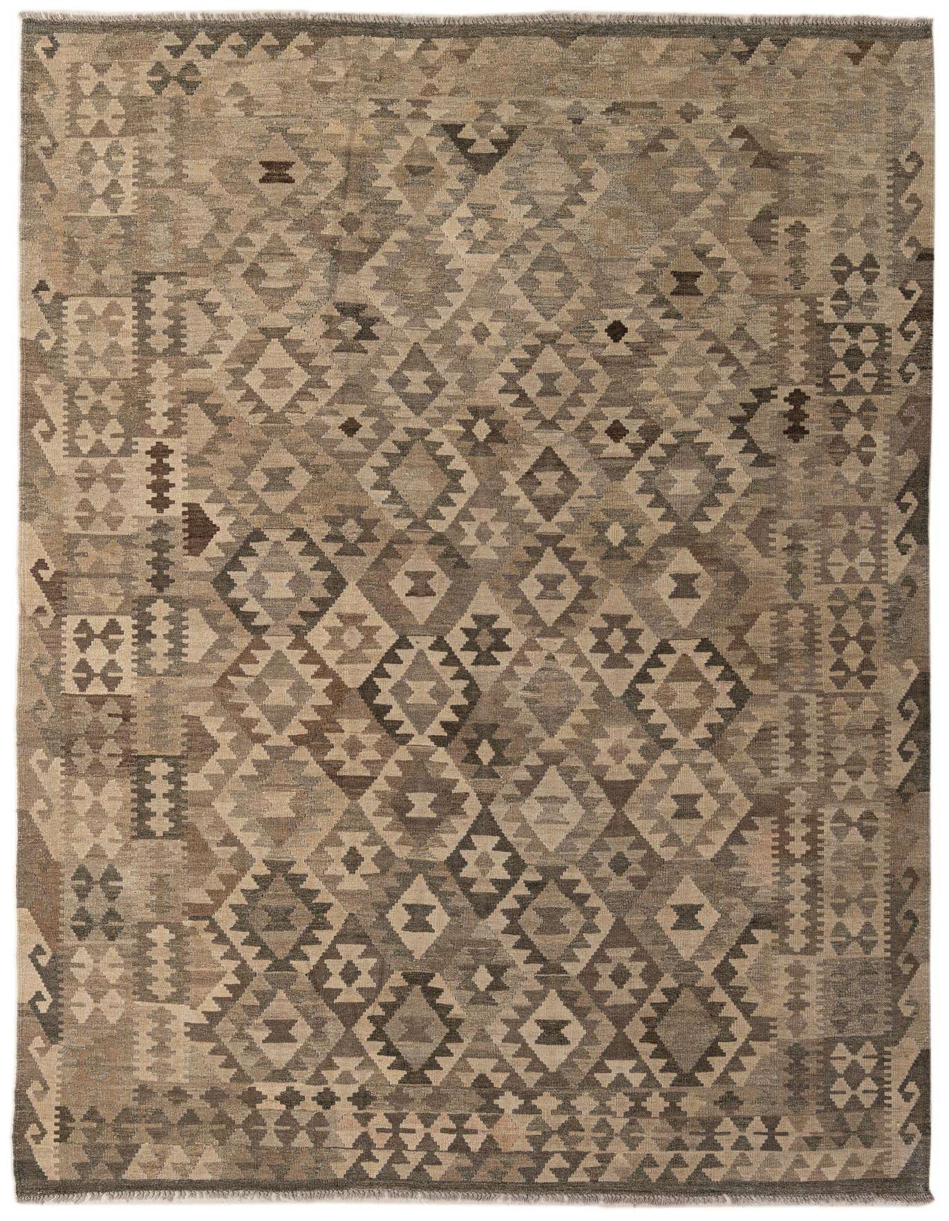 A 6x9 rectangular Kilim Maymana wool rug featuring a tribal geometric pattern in varying shades of gray and silver.