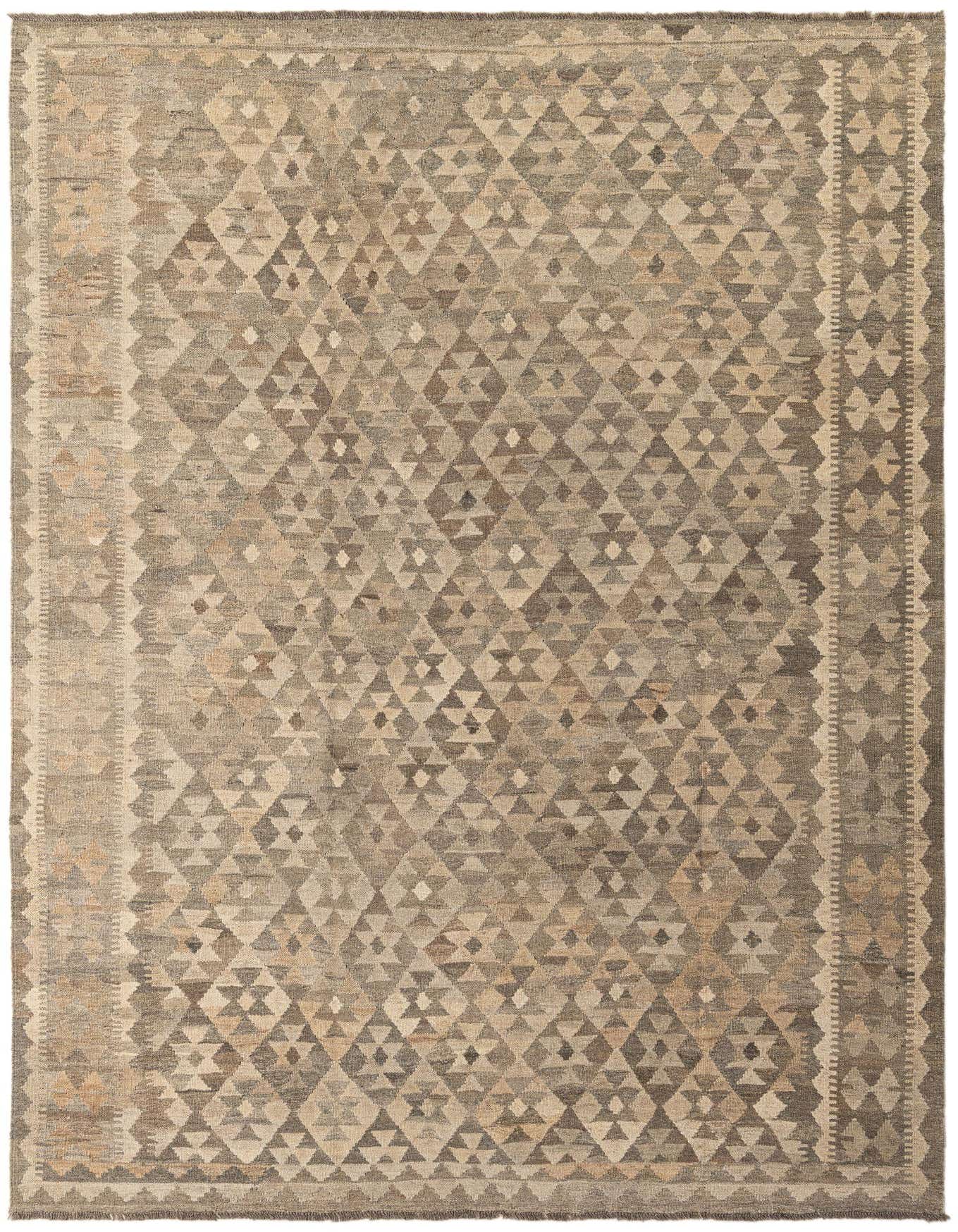 A 6x9 rectangular Kilim Maymana rug featuring a tribal geometric pattern in varying shades of gray and silver.