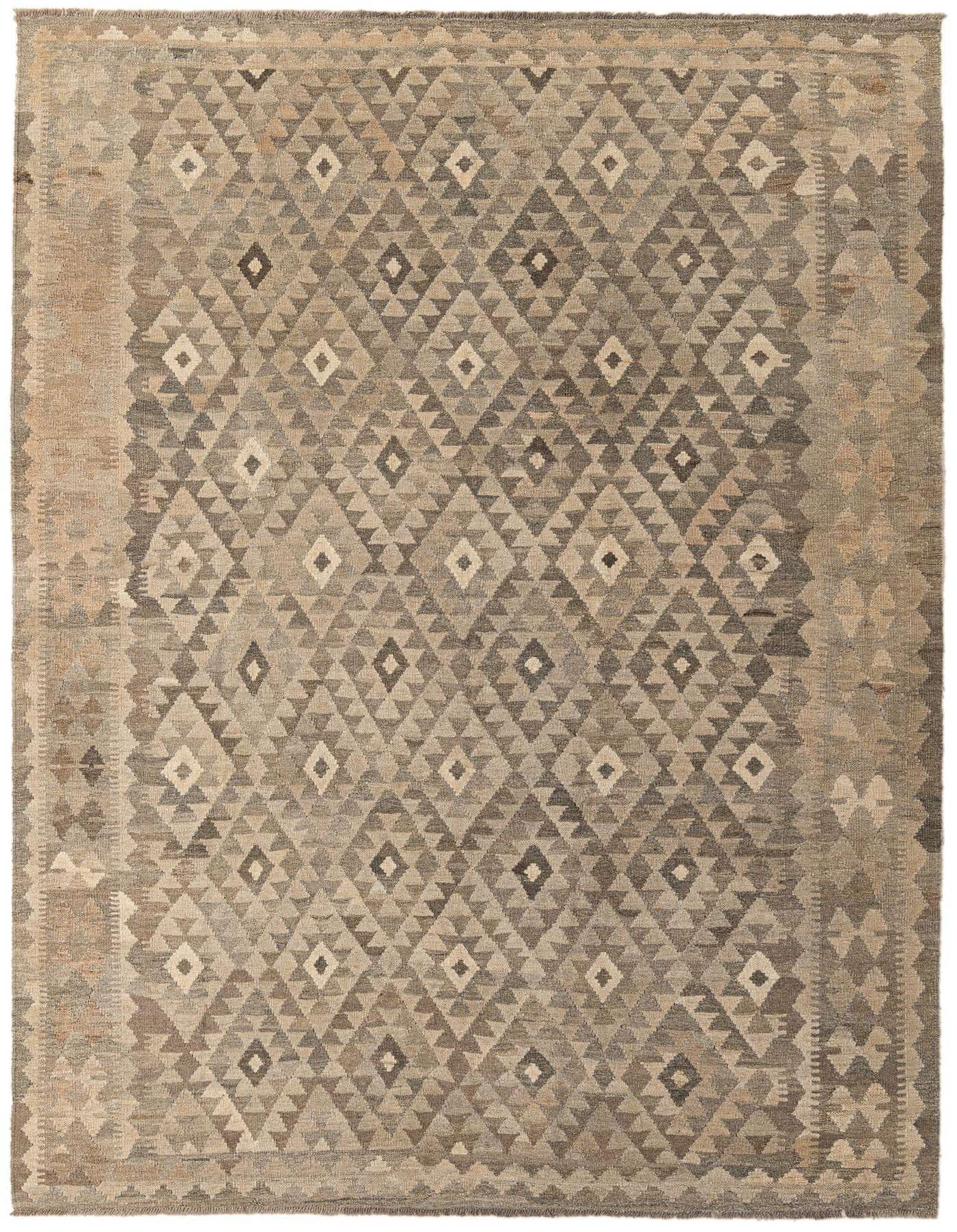 A 6x9 rectangular Kilim Maymana rug featuring a tribal geometric pattern in varying shades of gray and silver.
