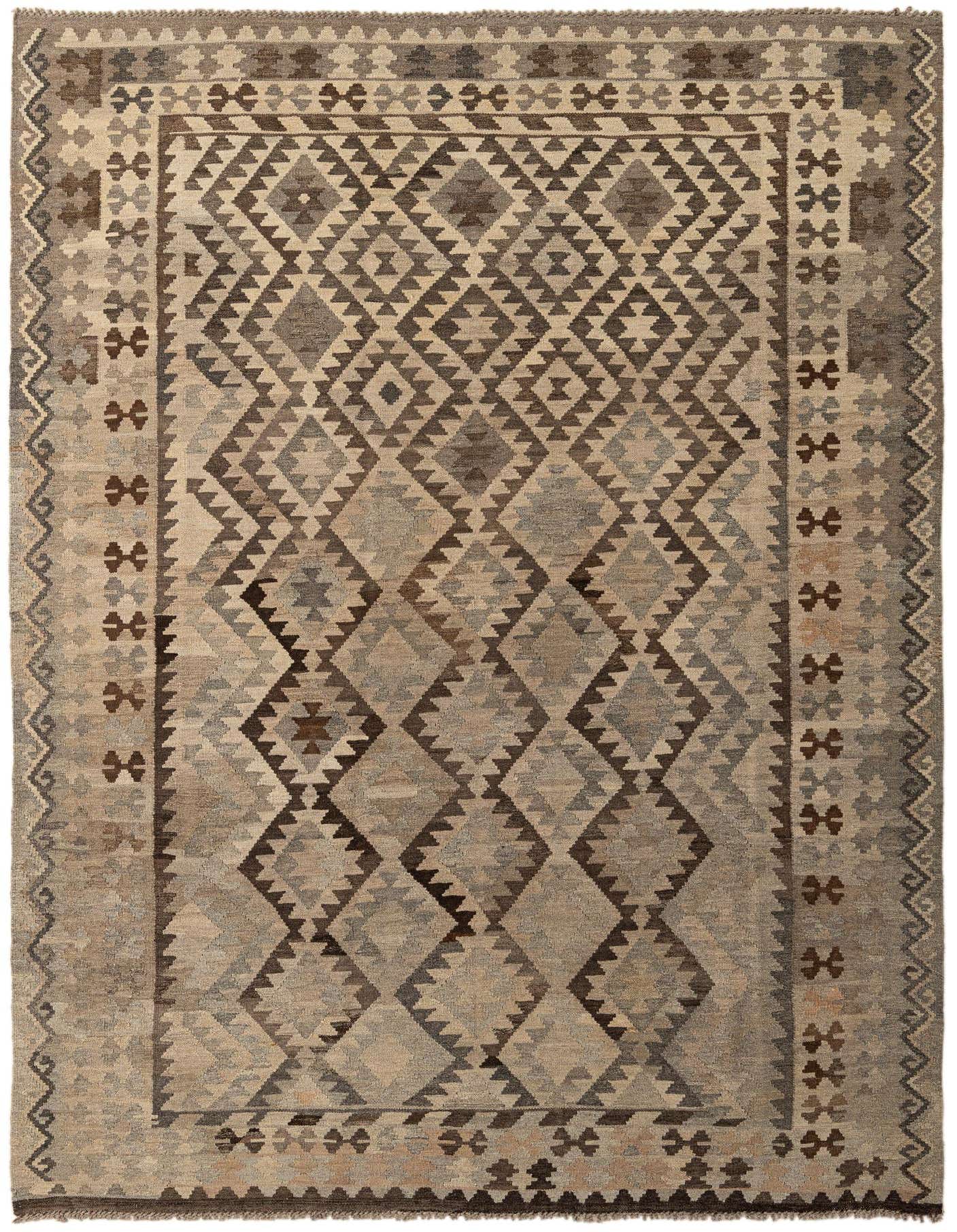 A 6x9 rectangular Kilim Maymana wool rug featuring a tribal geometric pattern in shades of gray and silver.