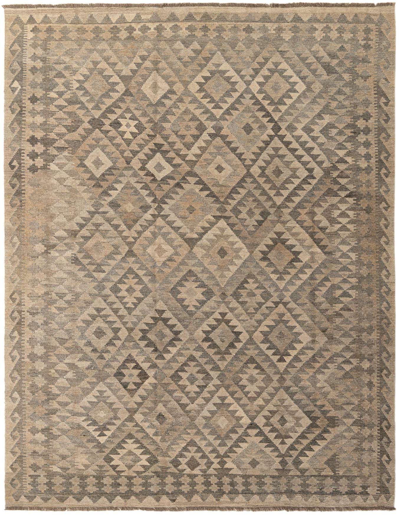 A 6x9 rectangular Kilim Maymana wool rug featuring a tribal geometric pattern in various shades of gray and silver.