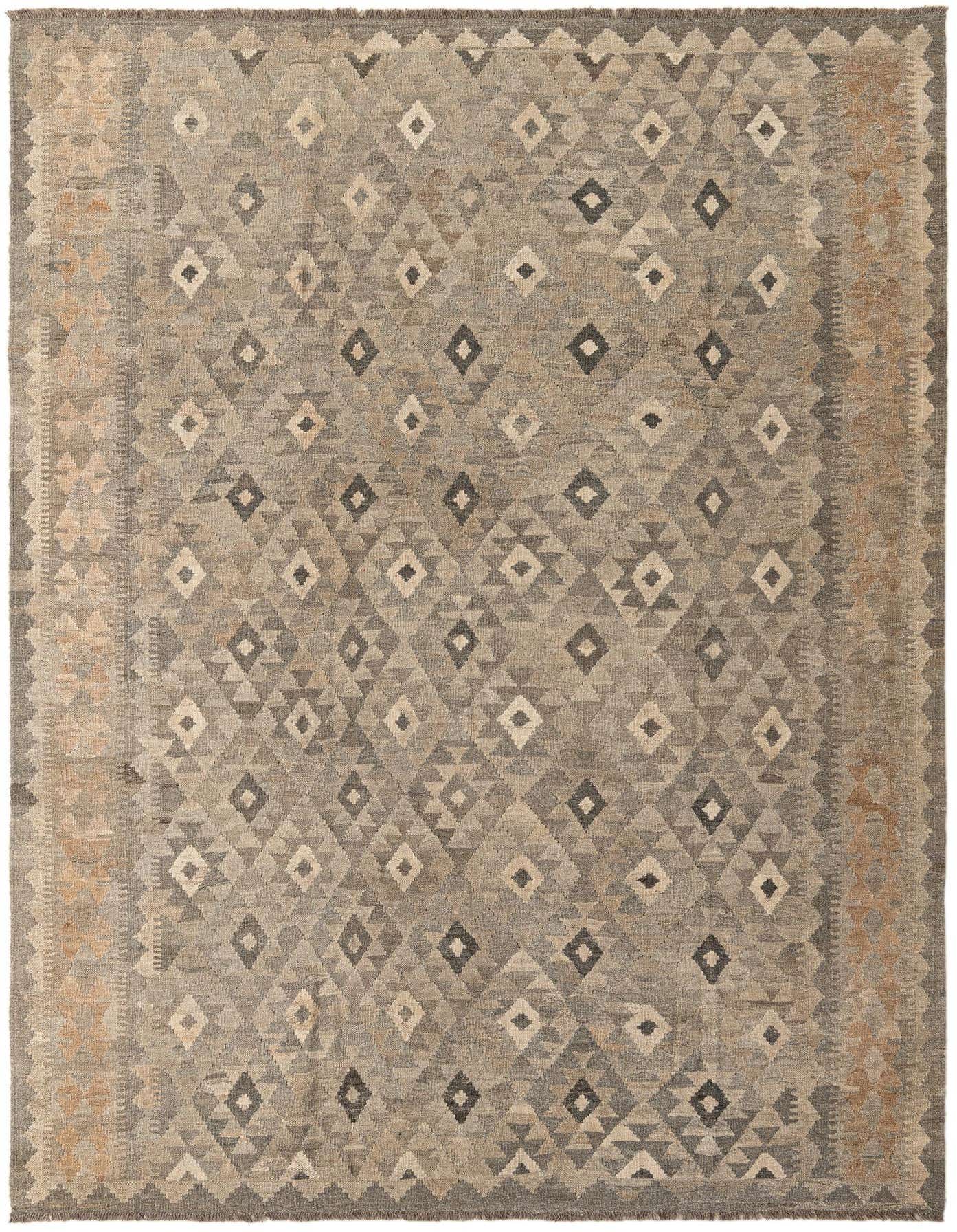 A 6x9 rectangular Kilim Maymana wool rug in shades of gray and silver with a tribal diamond pattern and flatweave texture.