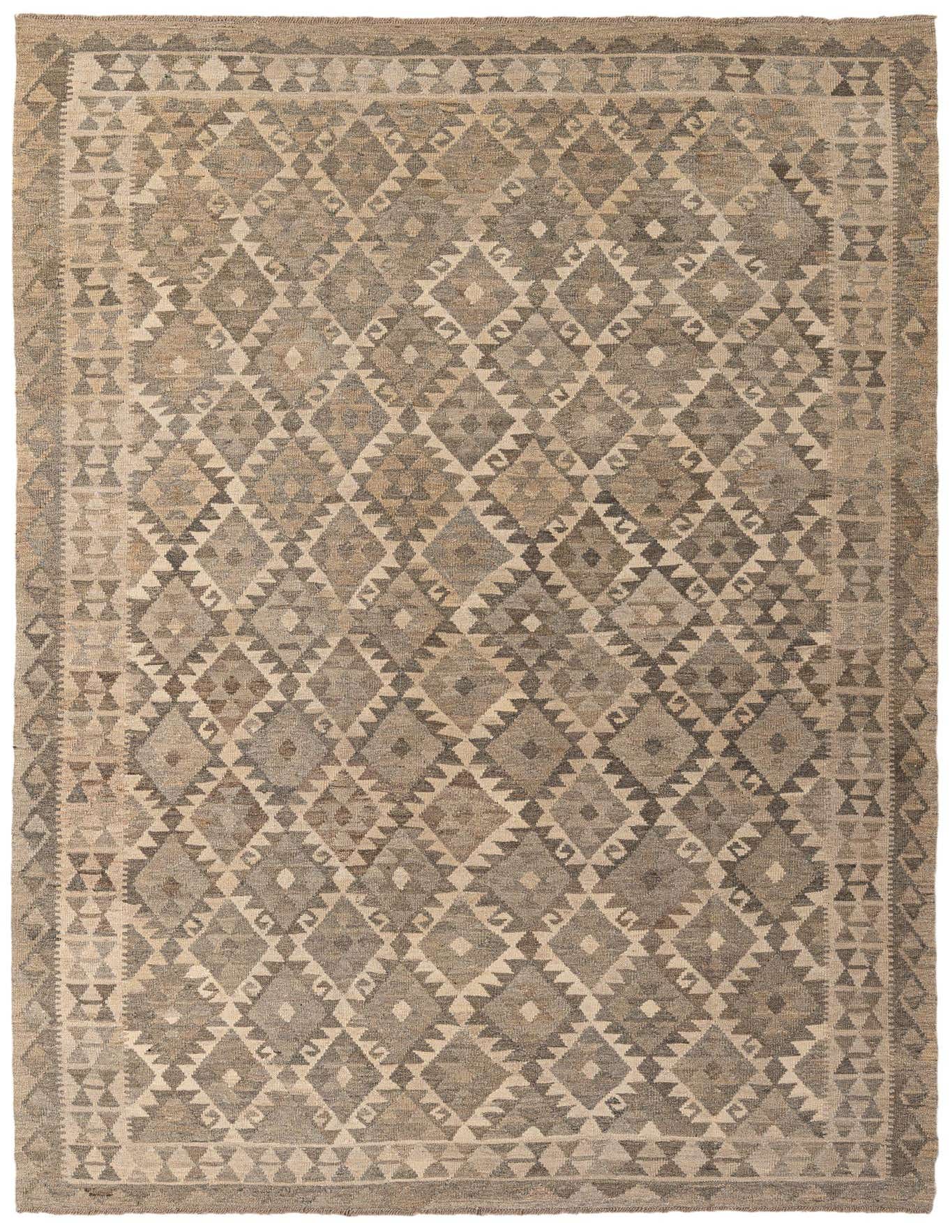 A 7x10 rectangular flatweave Kilim Maymana rug featuring a tribal geometric diamond pattern in shades of gray and silver.