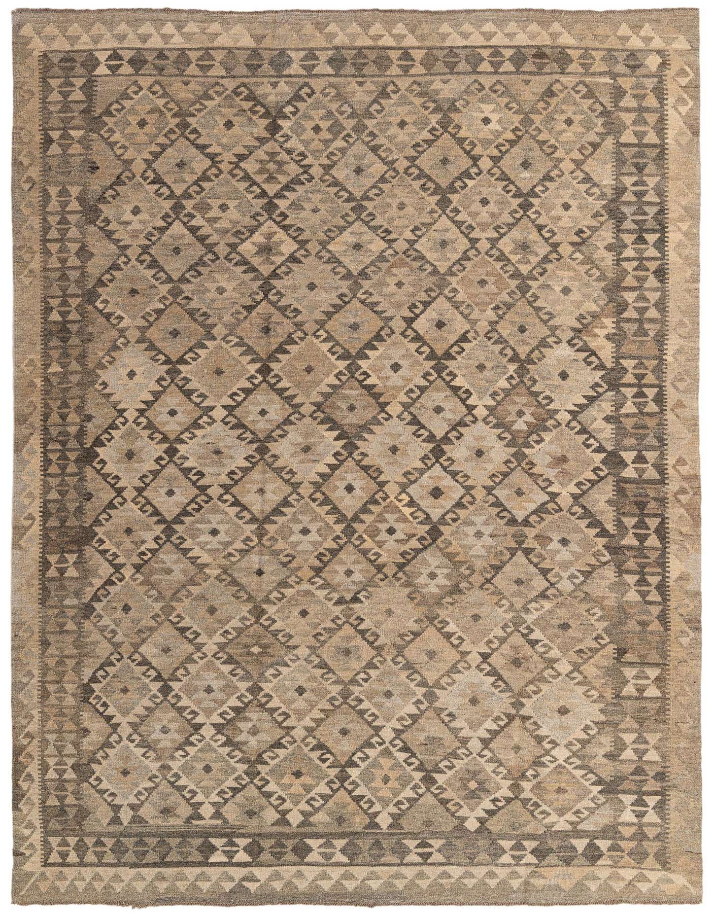A 7x10 rectangular Kilim Maymana rug featuring a tribal geometric diamond pattern in varying shades of gray and silver.