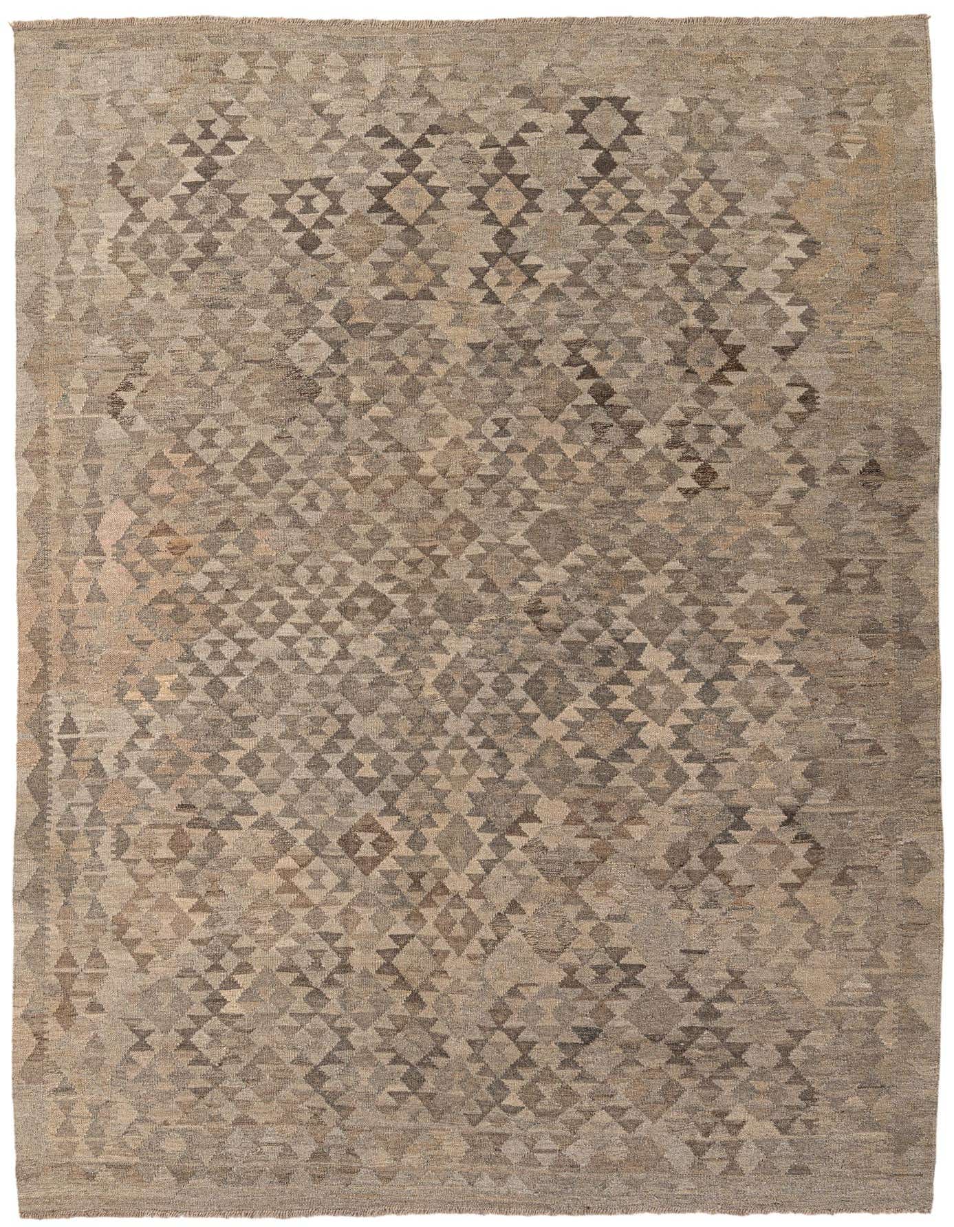 A 7x10 rectangular flatweave rug with a geometric tribal pattern in various shades of gray and silver.