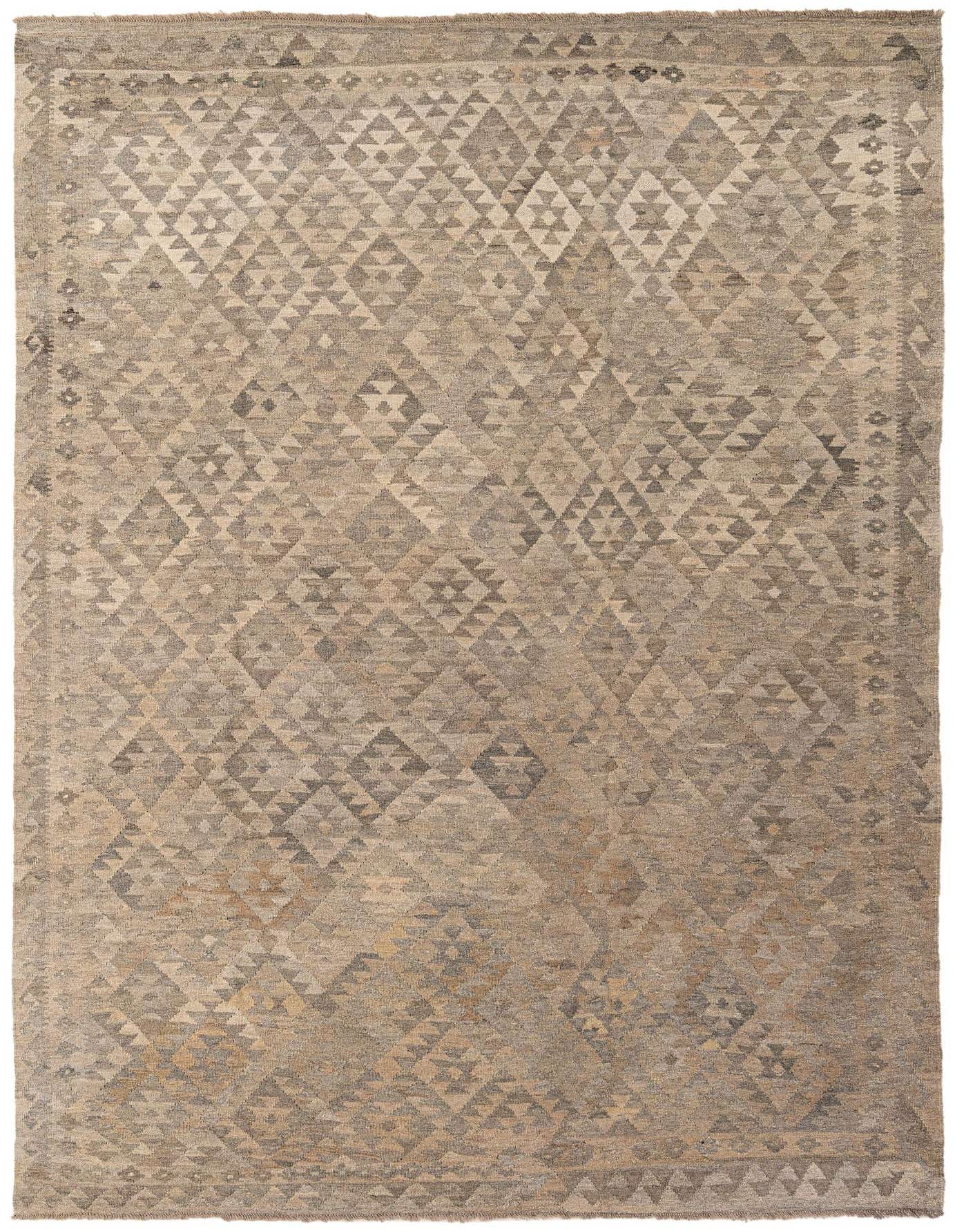 A 7x10 rectangular Kilim Maymana rug featuring a tribal geometric pattern in various shades of gray and silver, suitable for a living room.