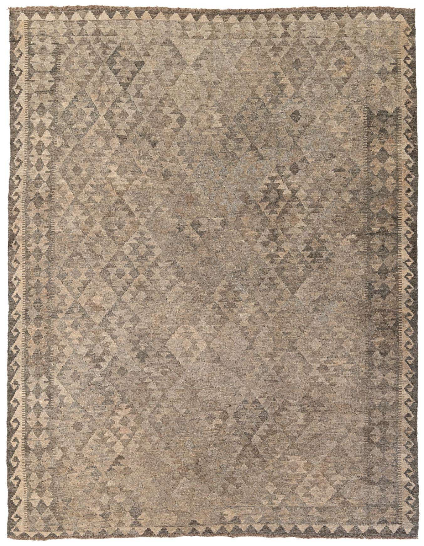 A 6x9 rectangular Kilim Maymana wool rug featuring a tribal geometric pattern in varying shades of gray.
