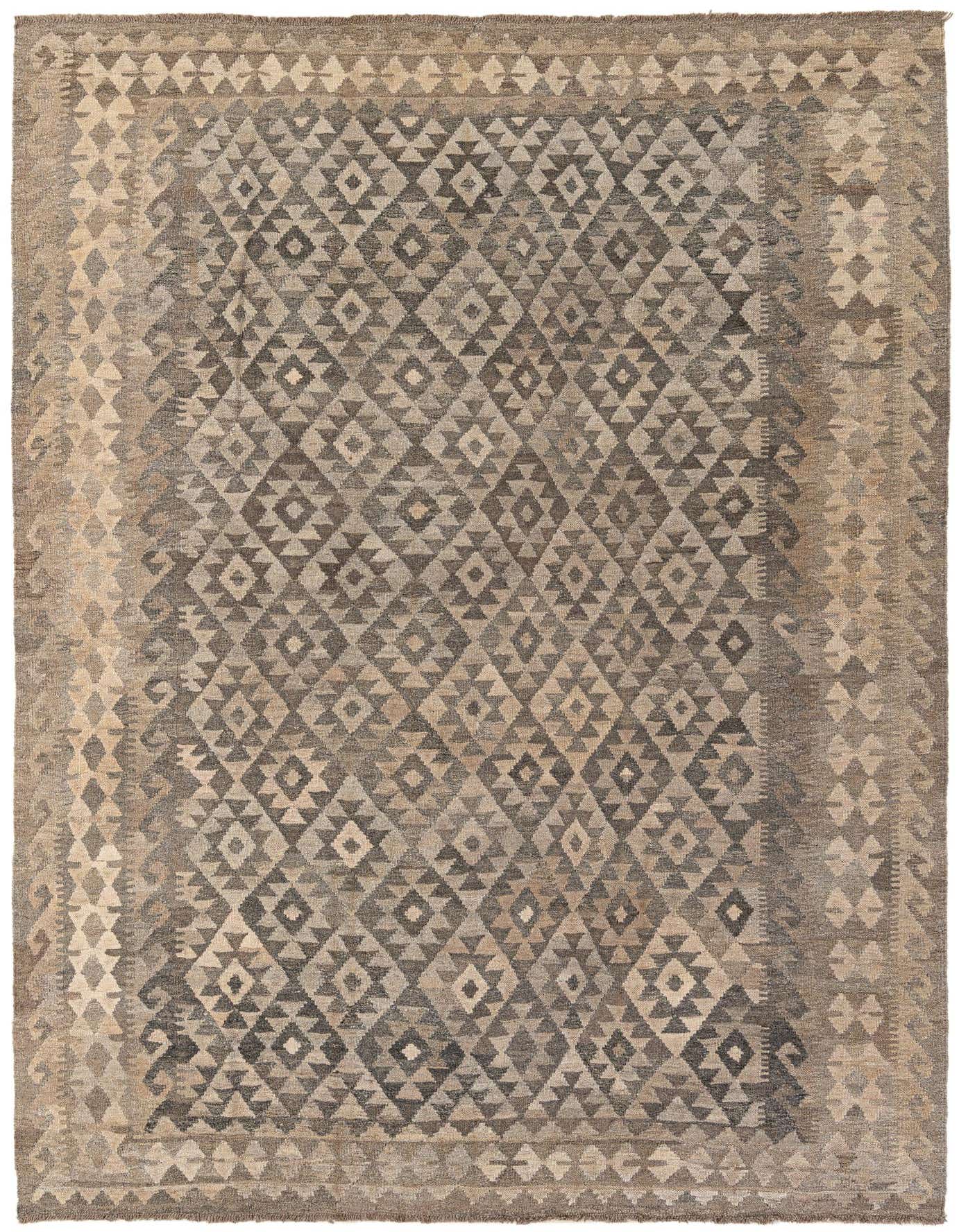 A 7x10 rectangular flatweave Kilim Maymana rug featuring a tribal geometric diamond pattern in shades of gray and silver.