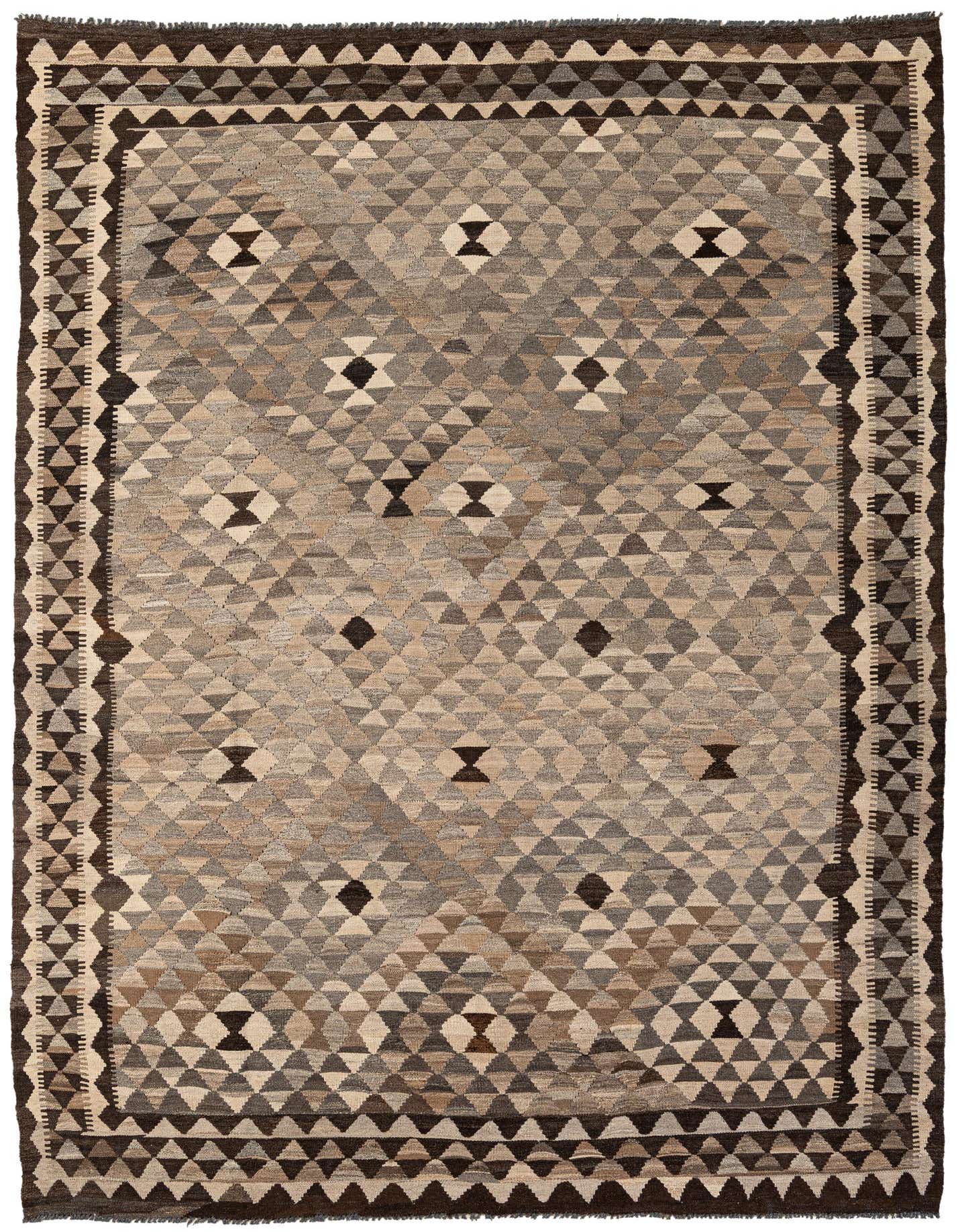 A 7x10 rectangular flatweave Kilim Maymana rug featuring a tribal geometric pattern in shades of gray, silver, and brown, with a dark border.