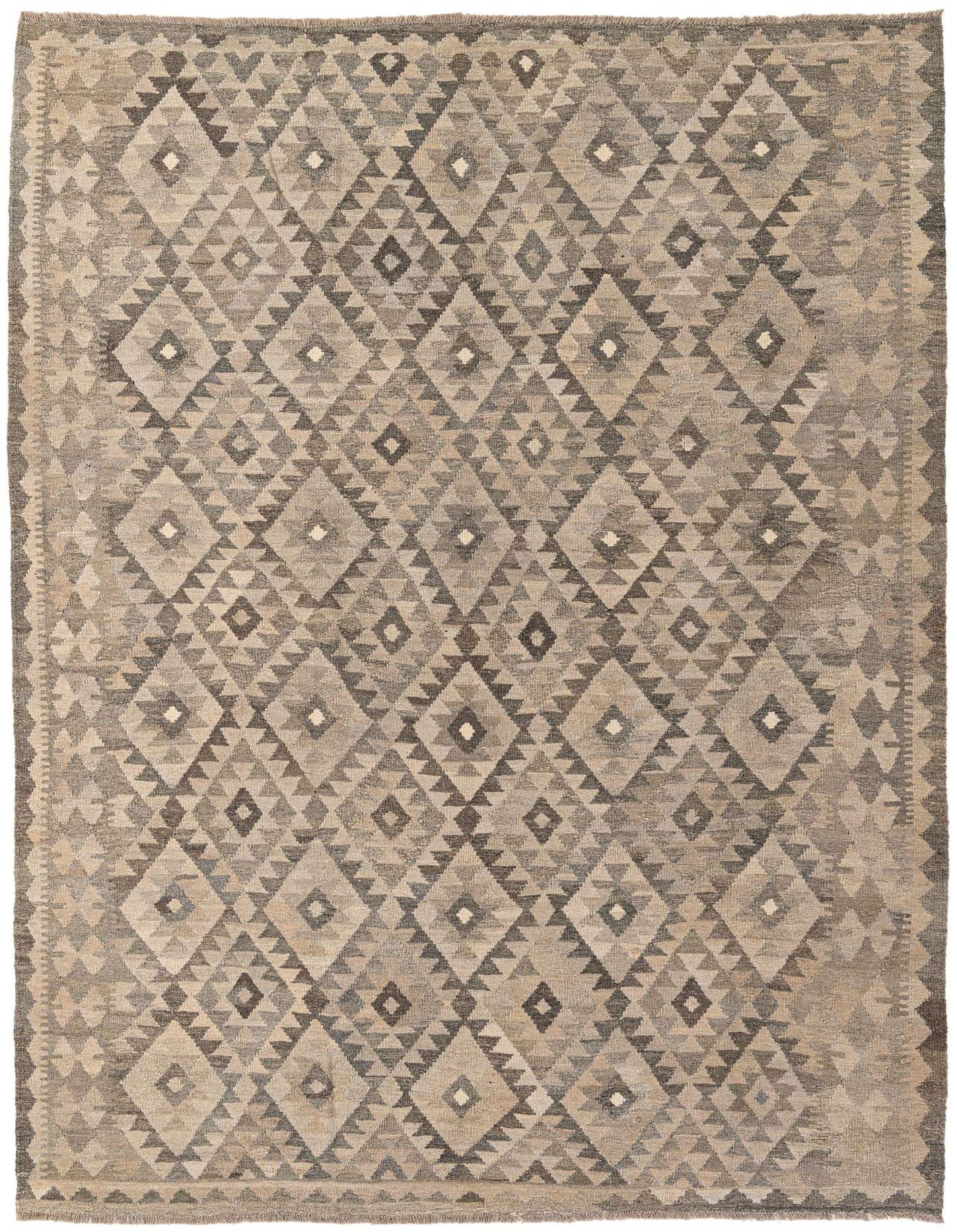 A 7x10 rectangular flatweave rug featuring a tribal geometric diamond pattern in varying shades of gray and silver.