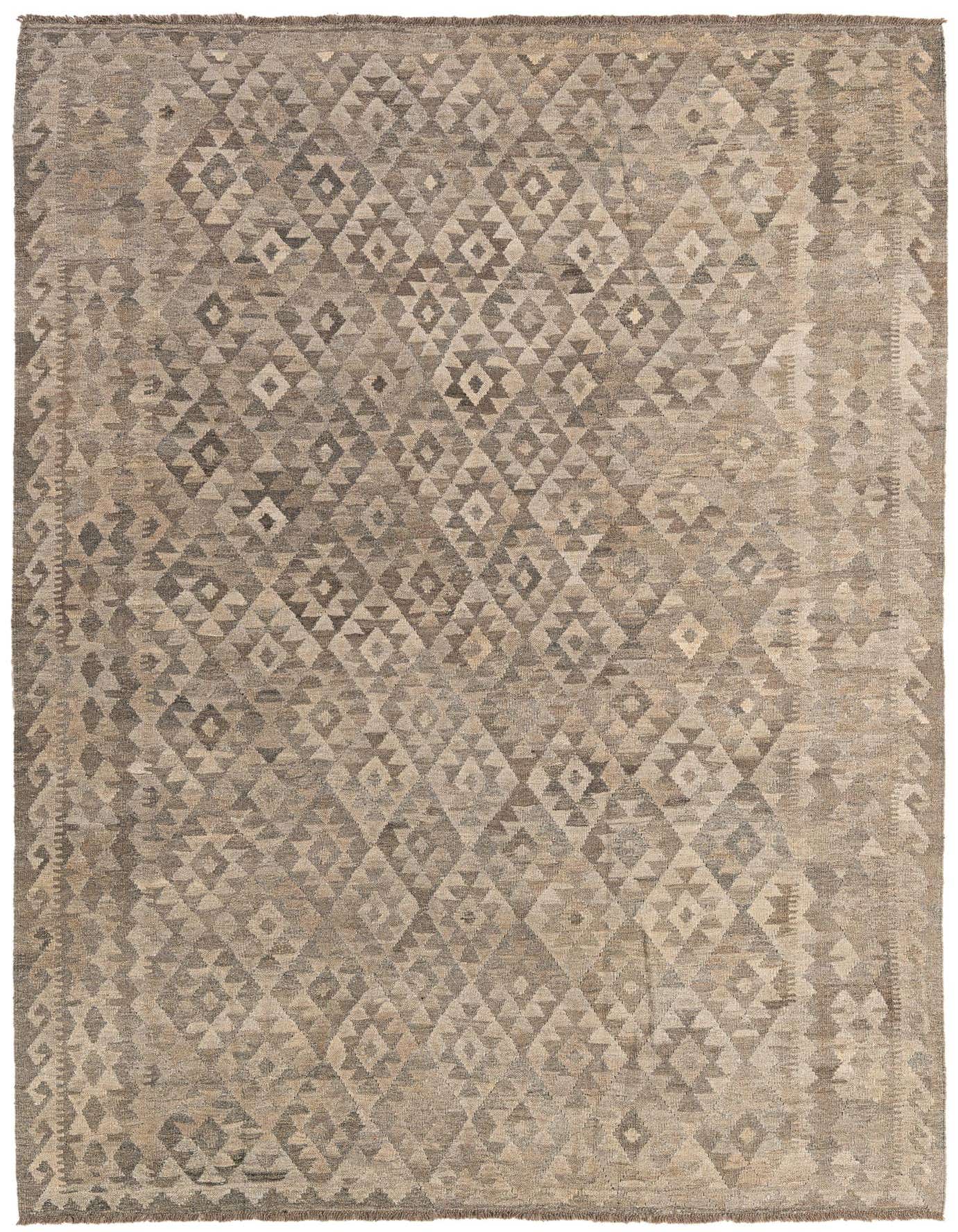 A 7x10 rectangular flatweave rug in shades of gray and silver, featuring a dense tribal geometric diamond pattern.