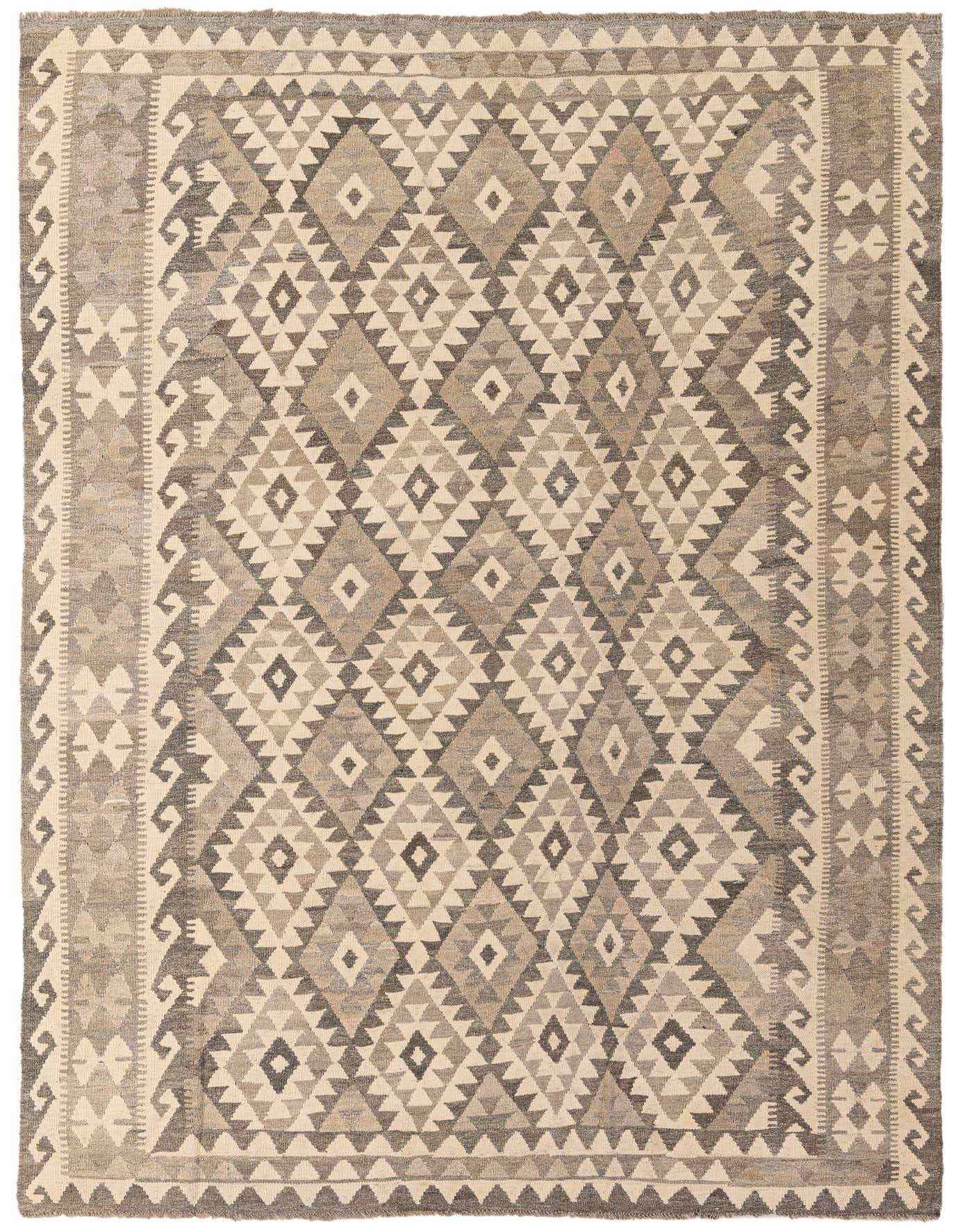 A 6x9 rectangular Kilim Maymana rug featuring a tribal geometric pattern in varying shades of gray and cream.