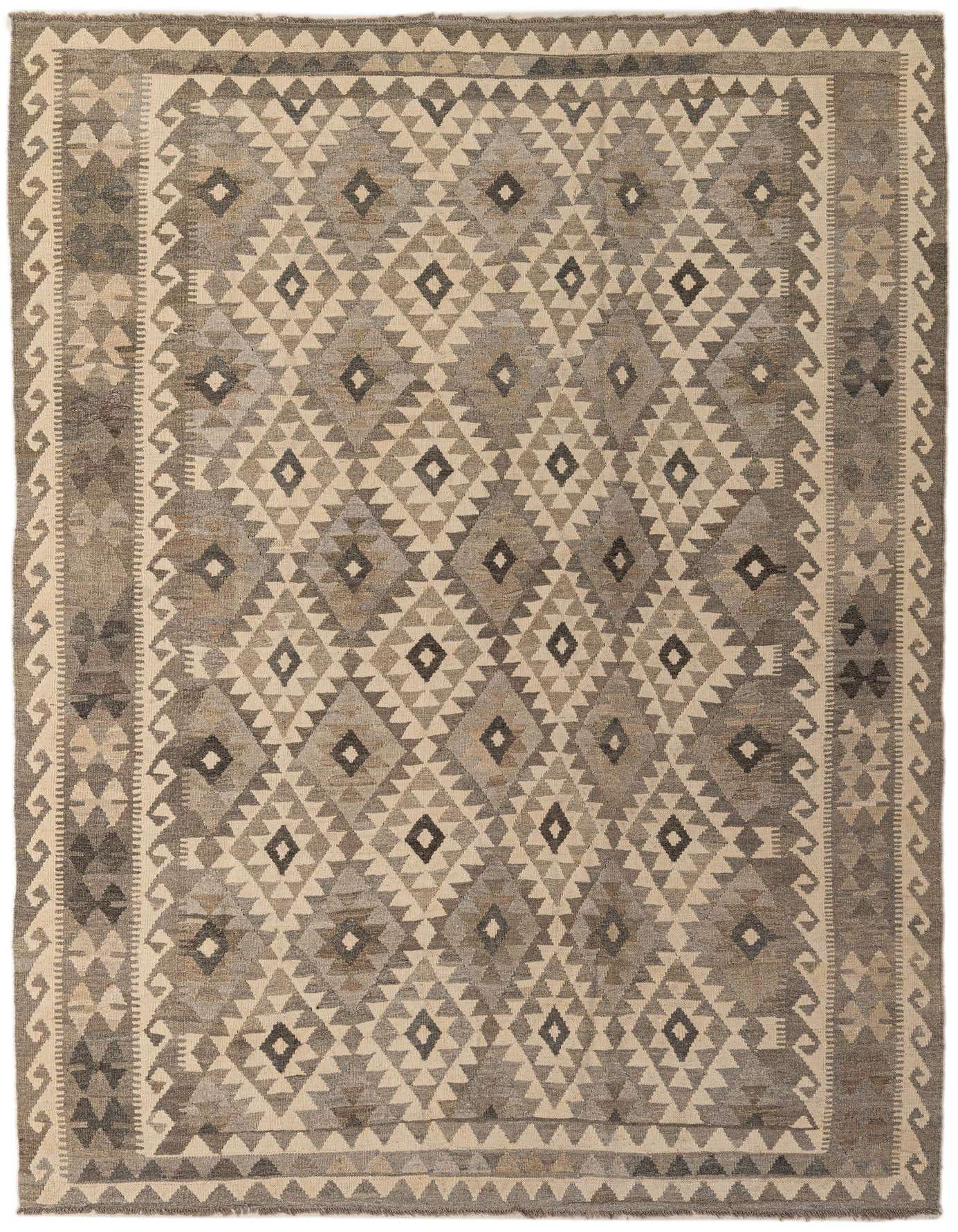 A 7x10 rectangular flatweave Kilim Maymana rug featuring tribal geometric patterns in shades of gray and off-white.