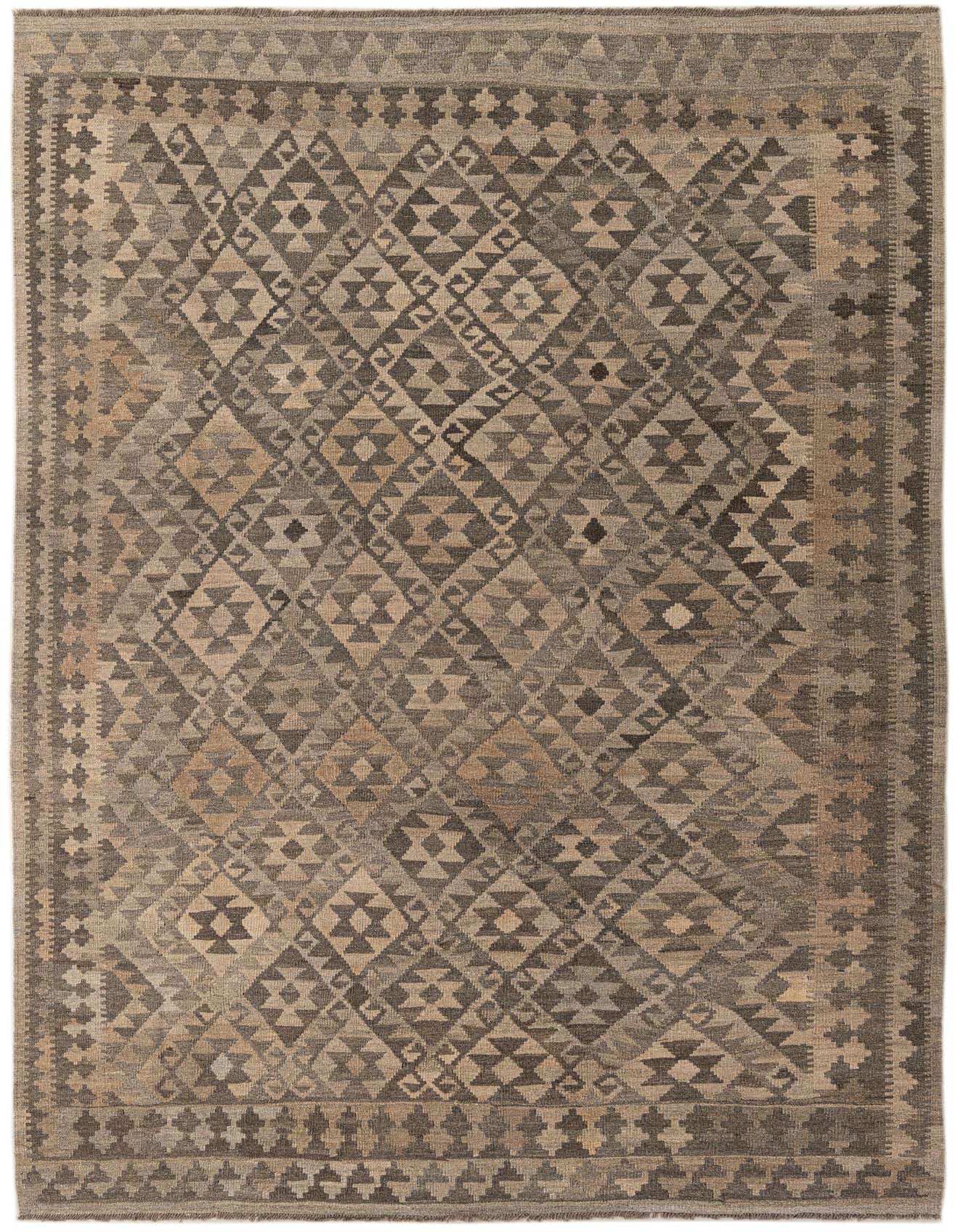 A 7x10 rectangular Kilim Maymana wool rug featuring a tribal geometric pattern in varying shades of gray and silver.
