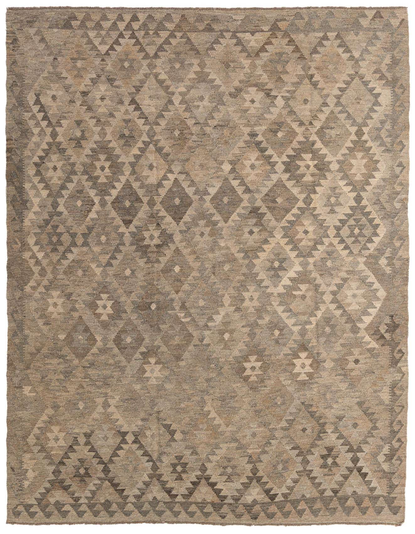 A 6x9 rectangular Kilim Maymana wool rug featuring an intricate tribal geometric pattern in varying shades of gray.