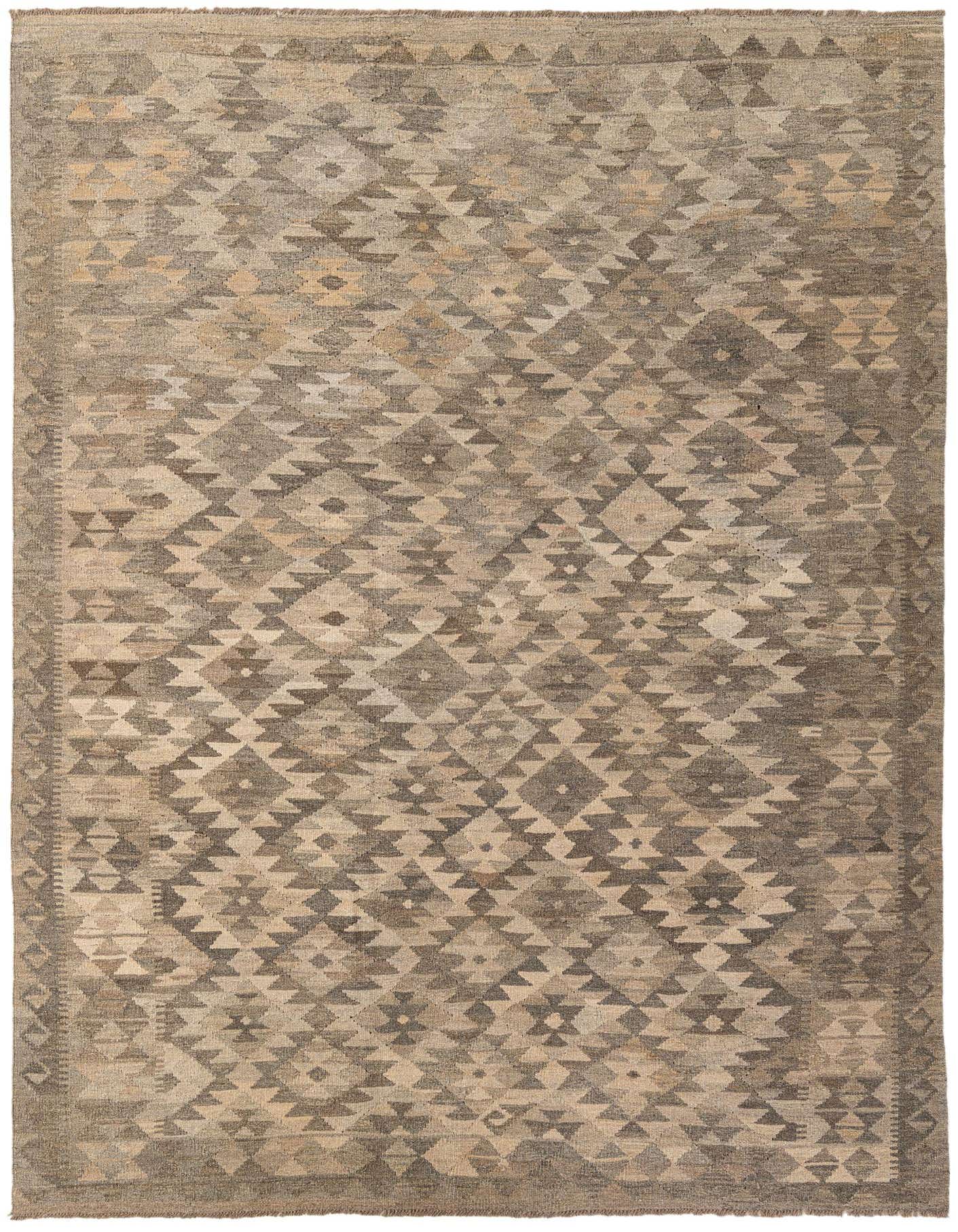 A 6x9 rectangular Kilim Maymana rug featuring a tribal geometric pattern in varying shades of gray and silver.