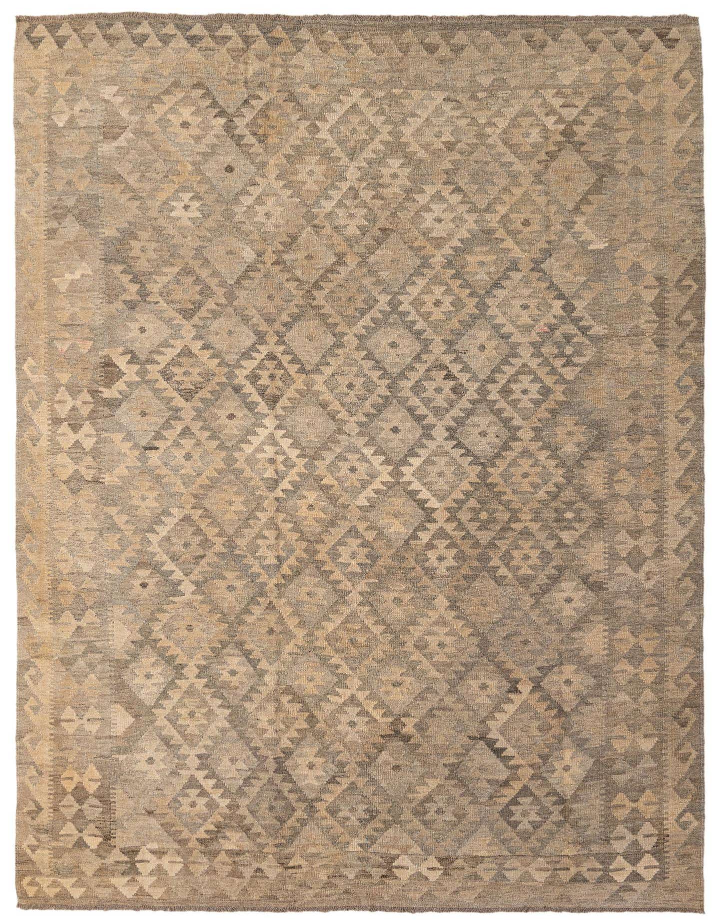 A 6x9 rectangular gray tribal flatweave wool rug with a repeating diamond pattern, ideal for a living room.