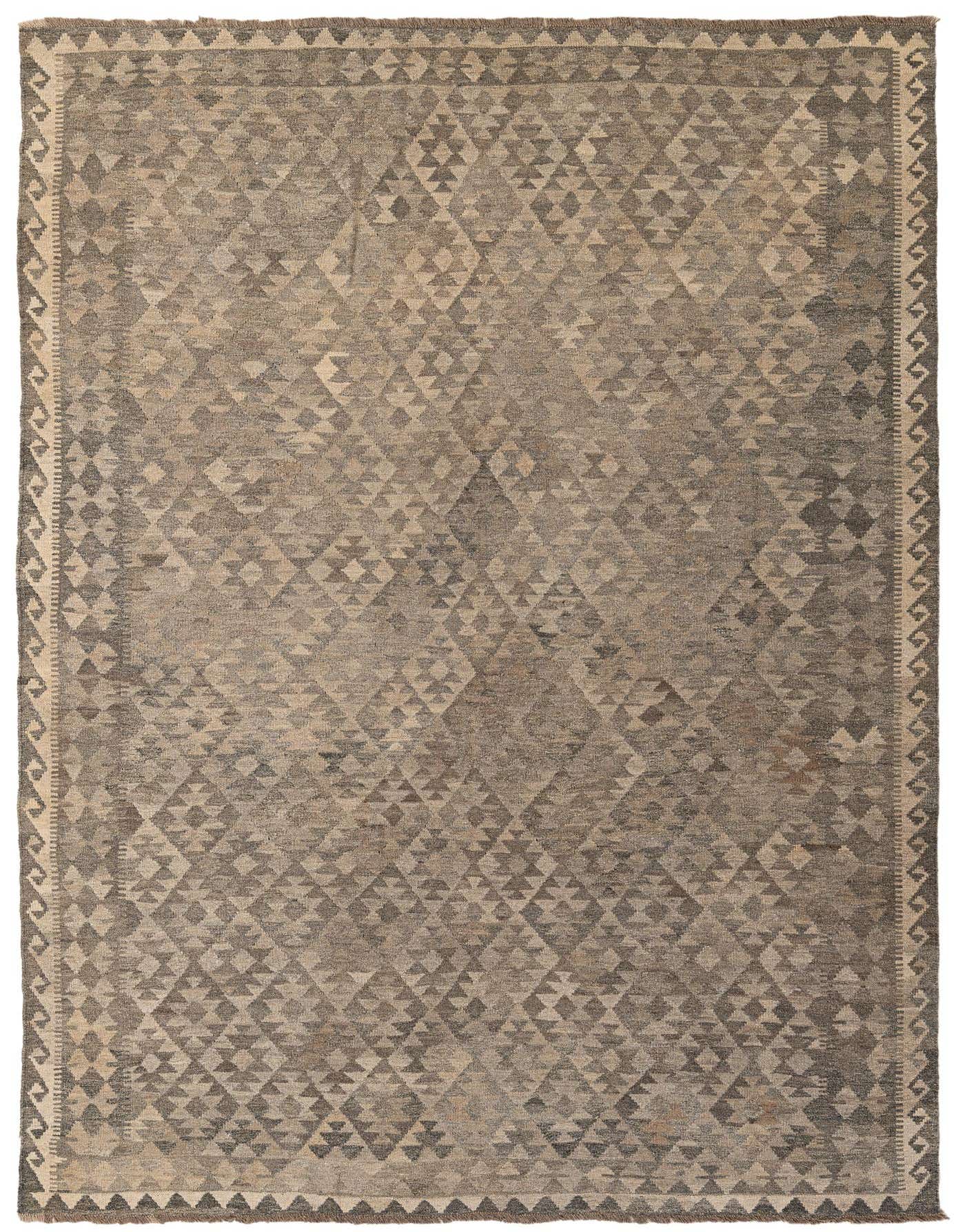 A 7x10 rectangular flatweave Kilim Maymana rug featuring a tribal geometric pattern in varying shades of gray and silver.