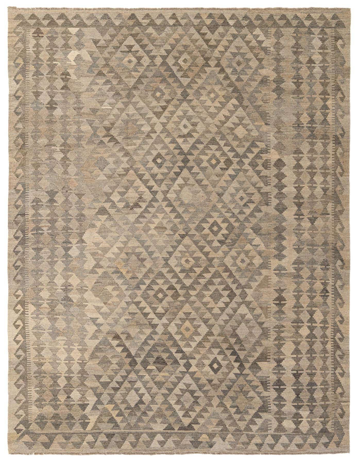 A 7x10 rectangular flatweave Kilim Maymana rug in shades of gray and silver, featuring a modern tribal geometric pattern.