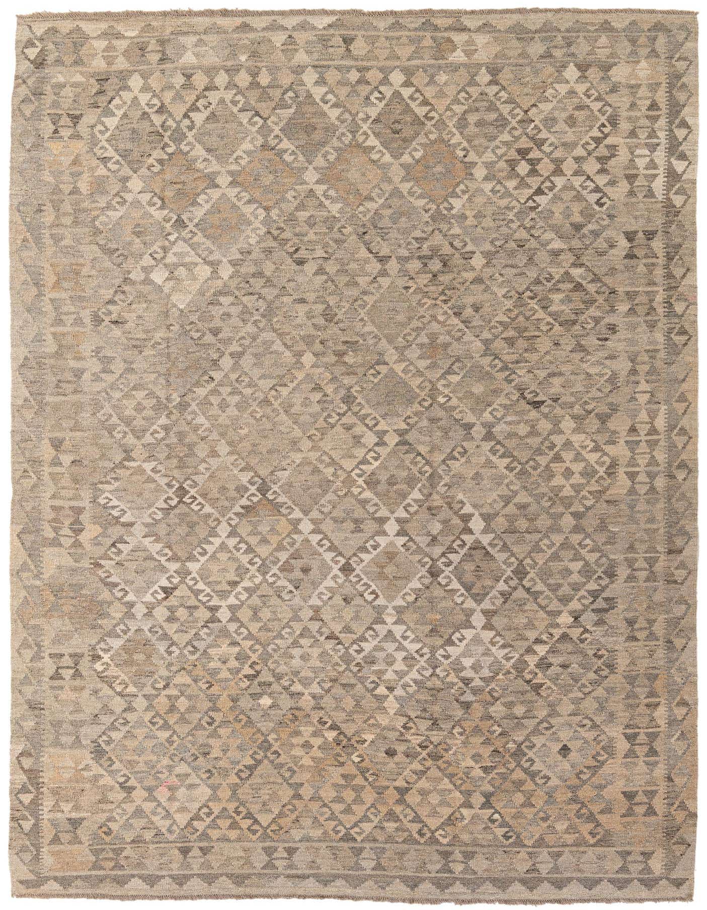A 7x10 rectangular flatweave rug featuring a geometric tribal pattern in various shades of gray and silver.