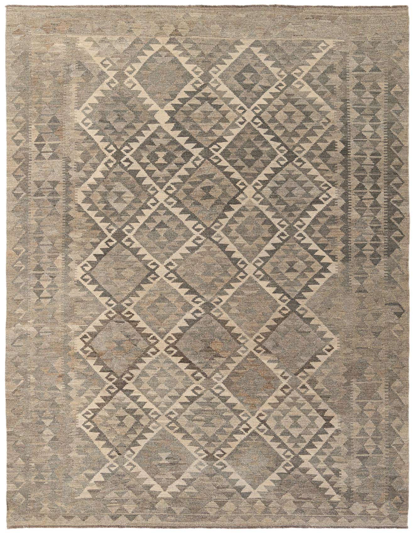 A 7x10 rectangular Kilim Maymana rug featuring a tribal geometric diamond pattern in shades of gray and silver, handmade from wool.