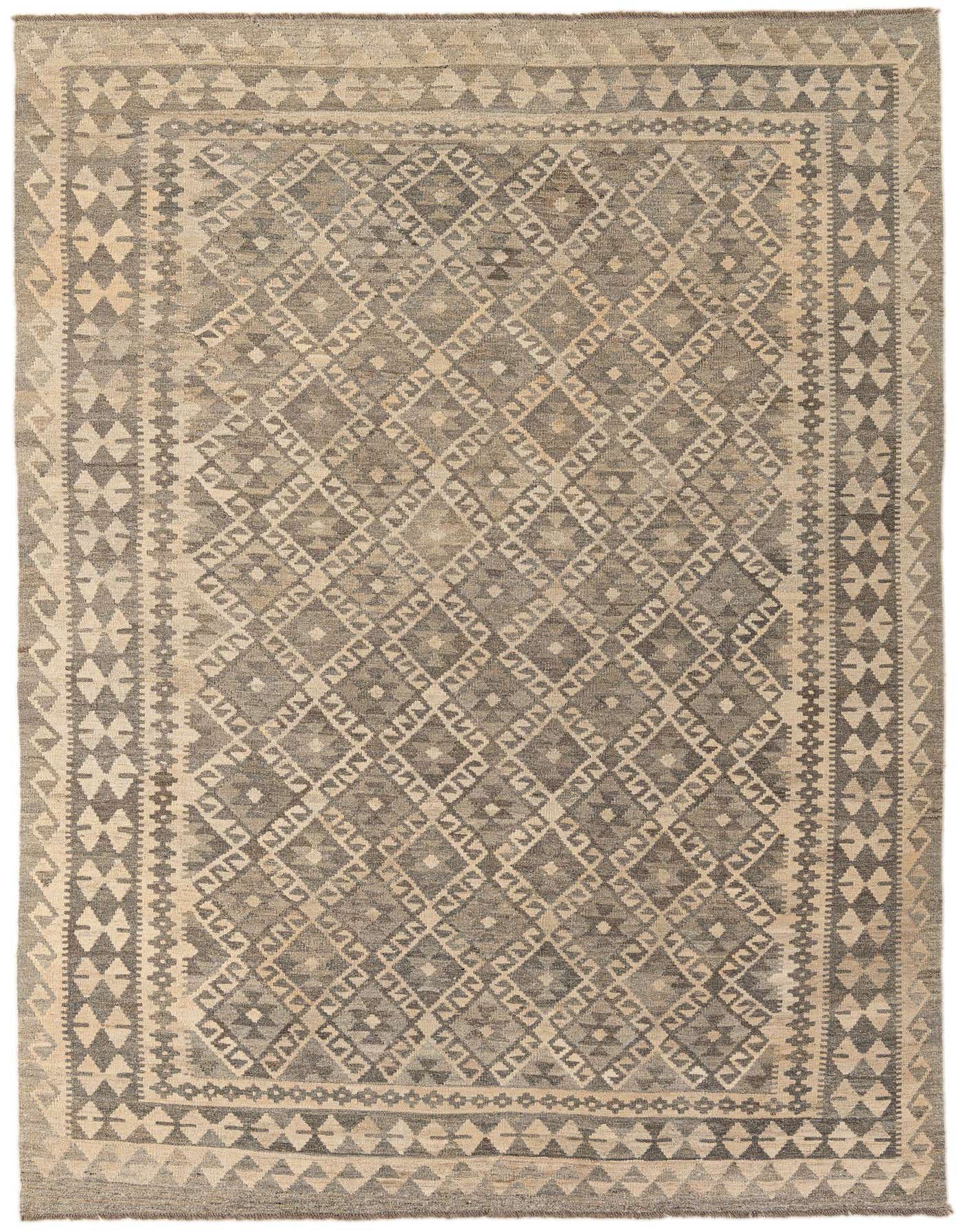A 7x10 rectangular flatweave Kilim Maymana rug featuring a tribal geometric pattern in shades of gray and silver.