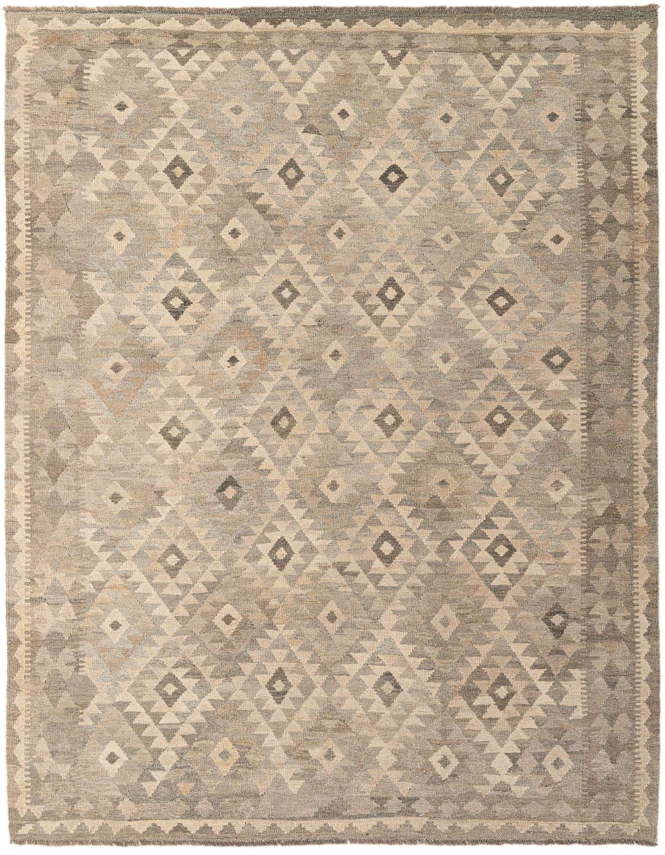 A 7x10 rectangular gray Kilim Maymana wool rug with a tribal geometric pattern and flatweave texture.